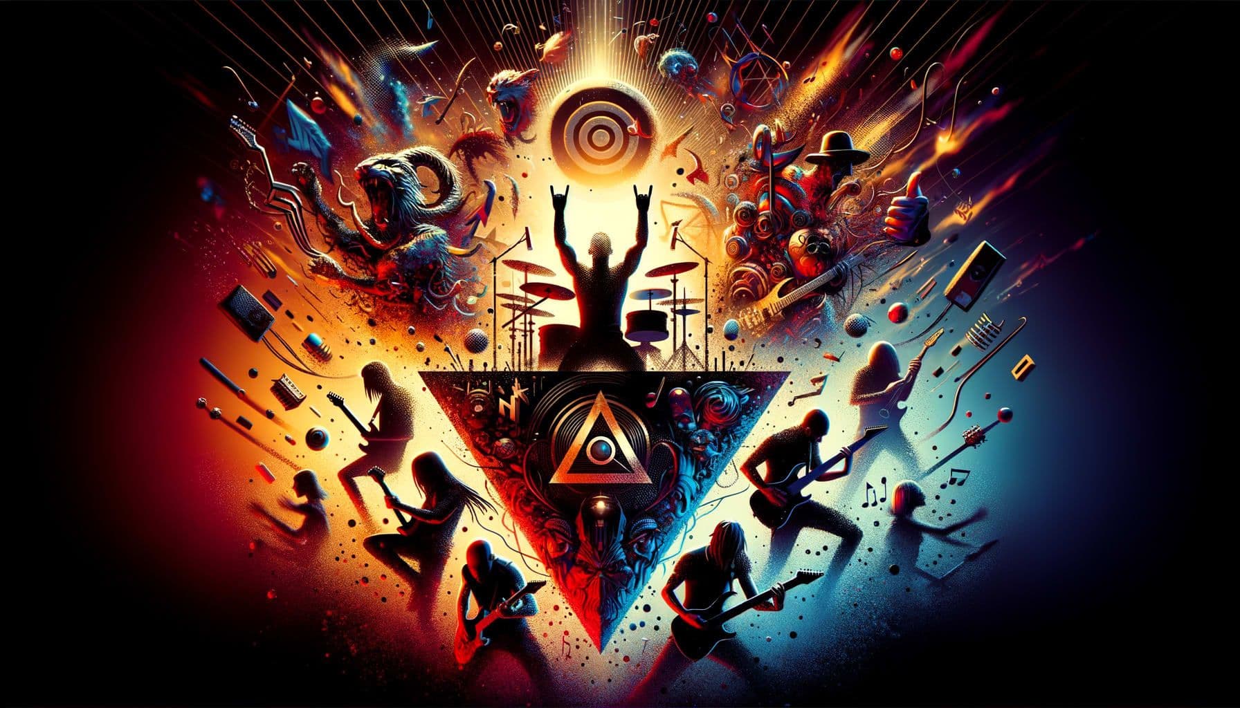 An image encapsulating the spirit of Alternative Rock music and its dominant presence at the 2024 Grammys. The image should capture the essence of the prominent bands of the genre, without showing specific bands or members. Include symbolic elements like guitar riffs, edgy fonts, and vibrant colors. The focus should be on the triumph of the genre. Design the image in a 16:9 ratio with 1792 pixels.