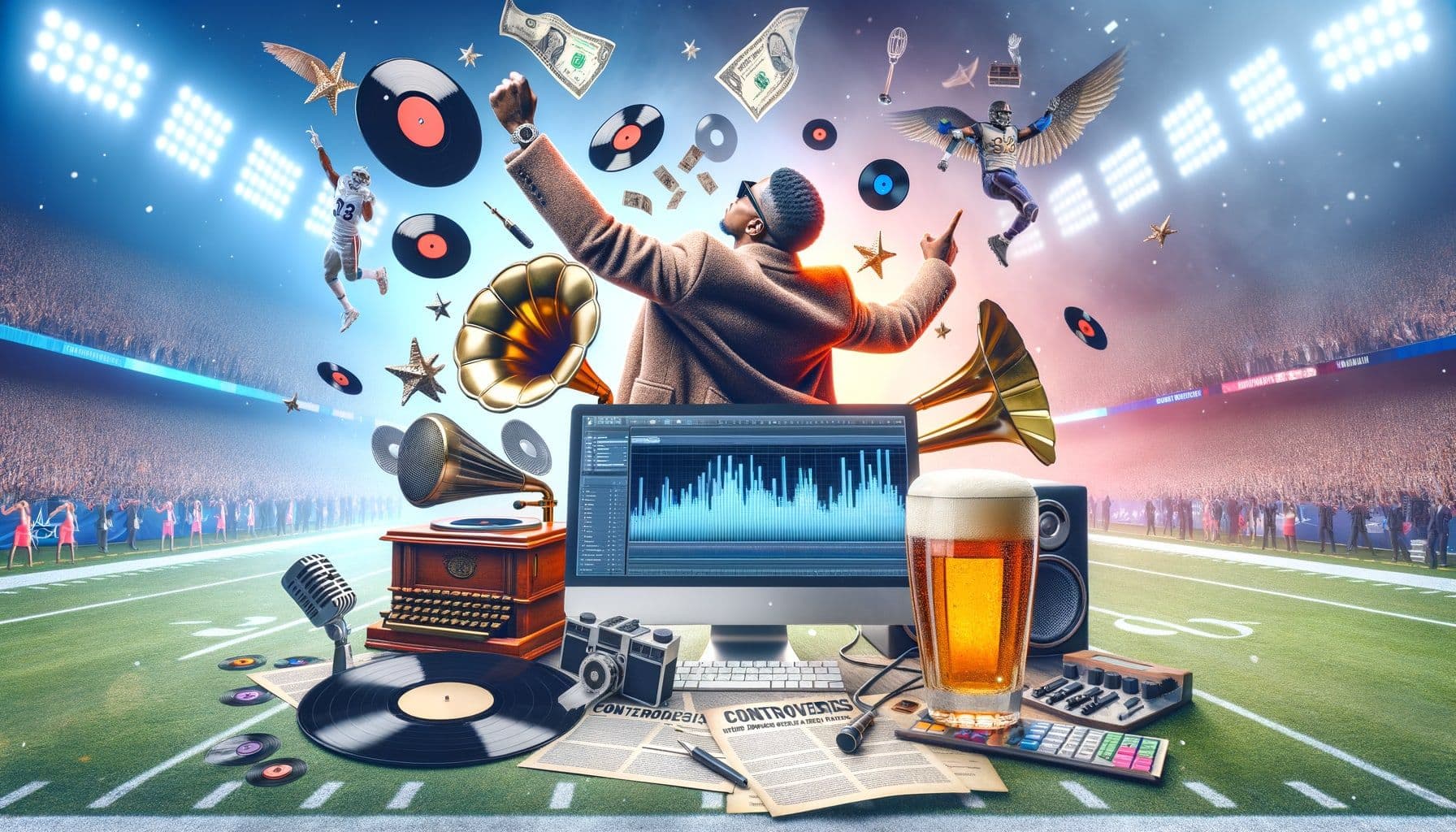 Generate a narrative image featuring a famous male R&B artist celebrating after a major sports event. The scene takes place during the Super Bowl, embodying the exhilarating atmosphere of the game. Added elements in the scene include items symbolizing R&B music such as a microphone, records, or a gramophone. There are noticeable controversies represented subtly in the background, like a computer with files being deleted, alluding to tax data issues. The image is presented in a 16:9 ratio, with a resolution of 1792 pixels.