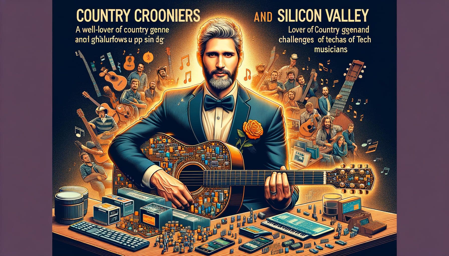 Create a 16:9 ratio image of 1792 pixels that symbolizes the fusion of country music and Silicon Valley, emphasizing the turmoil of musicians in the tech world. The image should also reflect a well-known pop singer's passion for country music. This image is for an article titled 'CountryCroonersAndSiliconValleyUnions', and the subtitle is 'LoverOfCountryGenreAndChallengesOfTechMusicians'.