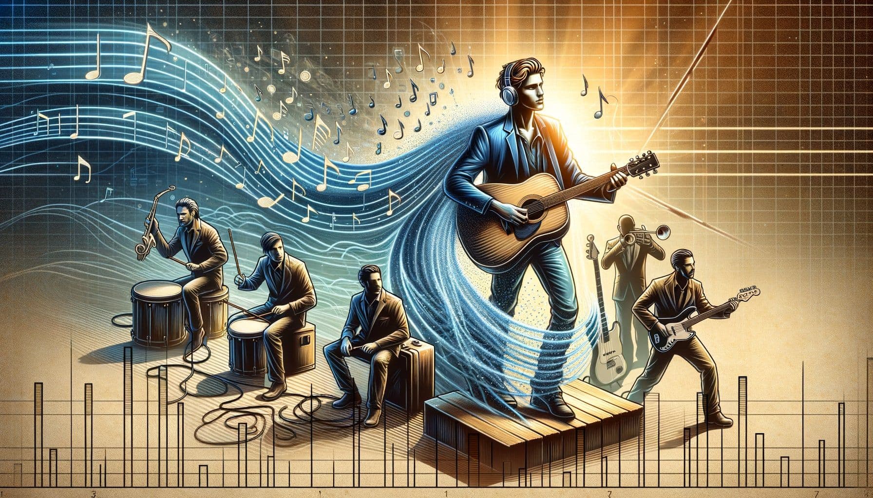 Visual representation of a musician ascending music charts with a blend of country music theme. The musician is characterized by his collaboration and charisma, which can be represented by a group of musicians playing in harmony and his appearances, respectively. This suggests a fresh wave for the music genre. The ratio of the image is 16:9 and dimensions as 1792 pixels. The title of the image is 'Charting New Territory: A Musician's Breakthrough'.