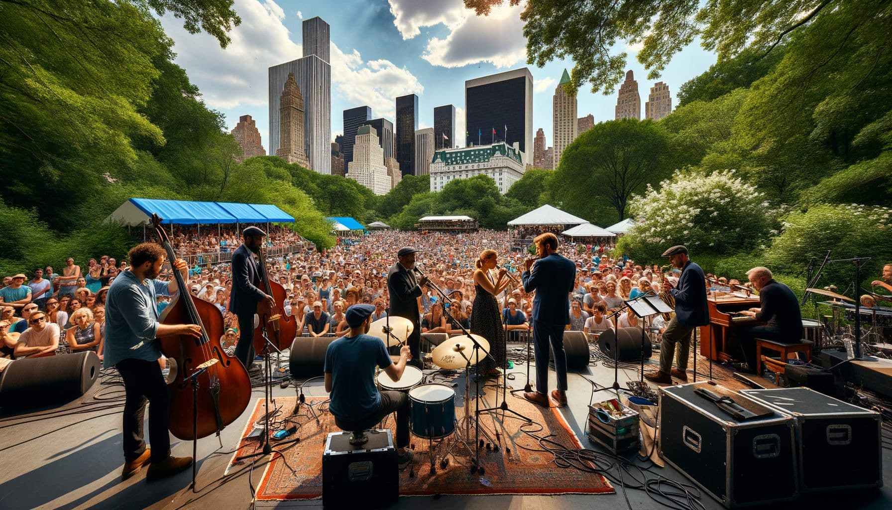 Image for a SummerStage event article with the title 'SummerStage Ignites NYC with Star-Studded Lineup'. The image should depict a lively scene in Central Park, NYC with an eclectic mix of performers on a stage: jazz musicians with instruments, stand-up comedians performing, and a captivated crowd watching the performance. The surrounding environment should capture the essence of summer, filled with lush greenery, bright sunshine, and bustling crowd energy. The picture's aspect ratio is 16:9 and has a resolution of 1792 pixels.