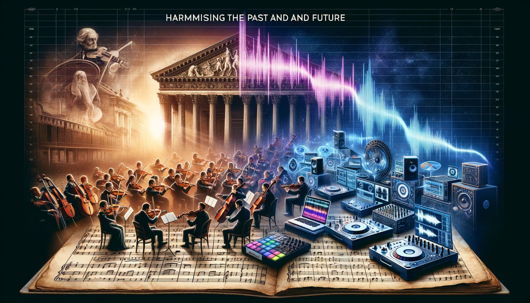 An image for a classical music article in a 16:9 ratio with 1792 pixels. The title, 'Harmonising the Past and Future' is prominently displayed at the top. The image depicts the evolution of classical music transitioning into modern technology and genres. A classical orchestra plays on one side with antique instruments while on the other side, modern day DJ equipment and electronic music production gear is displayed. Sheet music transforms into digital music waveforms, connecting the past with the future and invoking a sense of exploration.