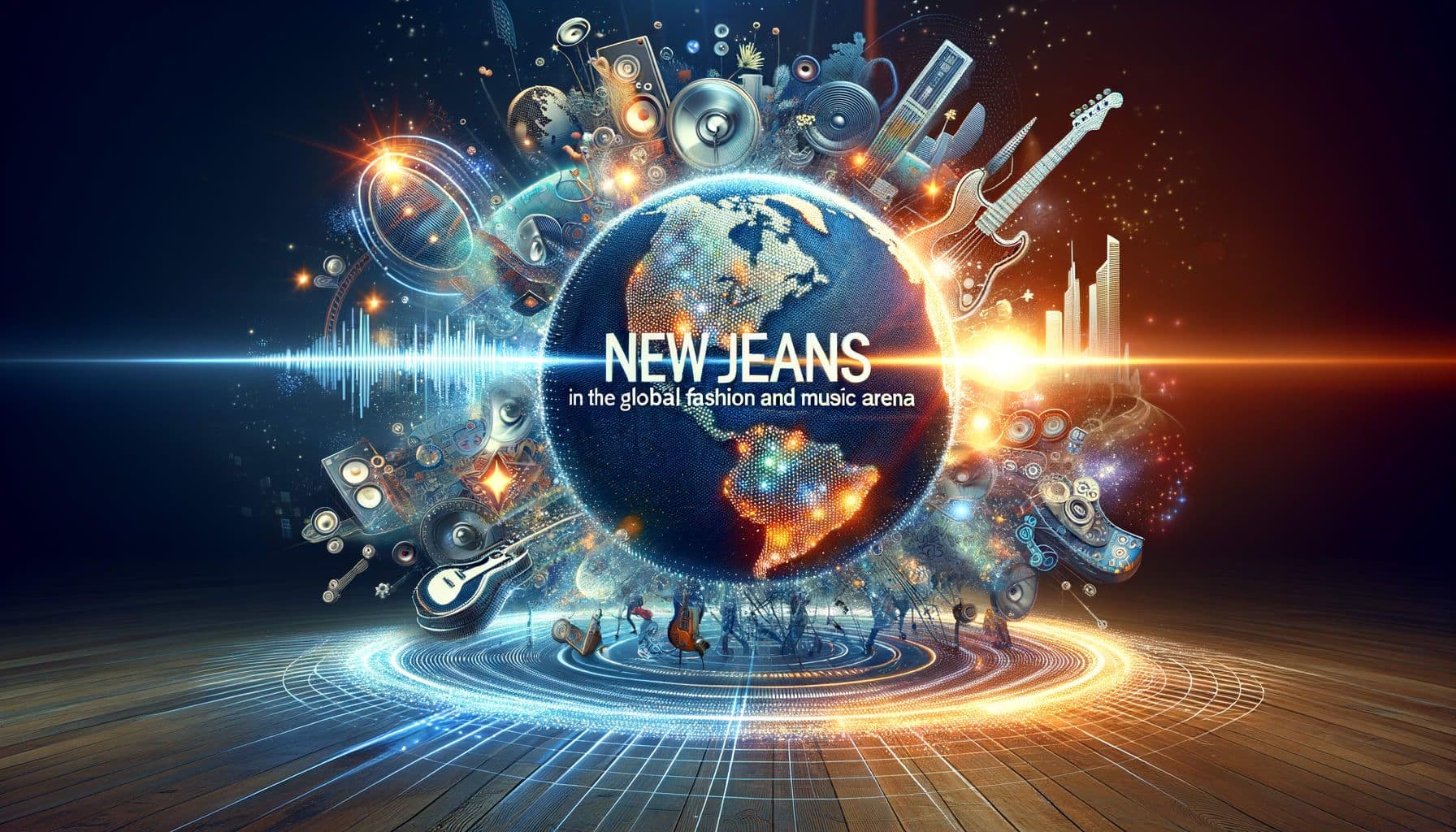 An image encapsulating the text 'NewJeans Sparkles in the Global Fashion and Music Arena', showcasing the concept of NewJeans as a trendsetting entity in both the global music and fashion scenes. The scene should represent a dynamic rise in global entertainment with elements associated with music, fashion, and international recognition. This should be displayed in a 16:9 ratio with a resolution of 1792 pixels.