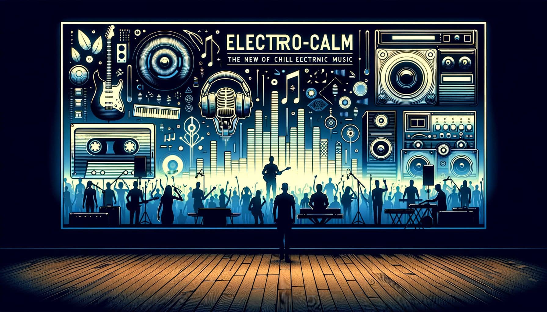 Visualize a 16:9 ratio image for an article about Chill Electronic Music with a resolution of 1792 pixels, featuring a title that reads 'Electro-Calm: The New Era of Chill Electronic Music' and a background showing off the modern aesthetic of this music genre. The representation should depict the latest trends, symbolized with modern alternative music icons and technology, highlight the presence of rising artists represented by silhouettes holding musical instruments, and subtly demonstrate the industry's evolution through outlines of old and new musical equipment.