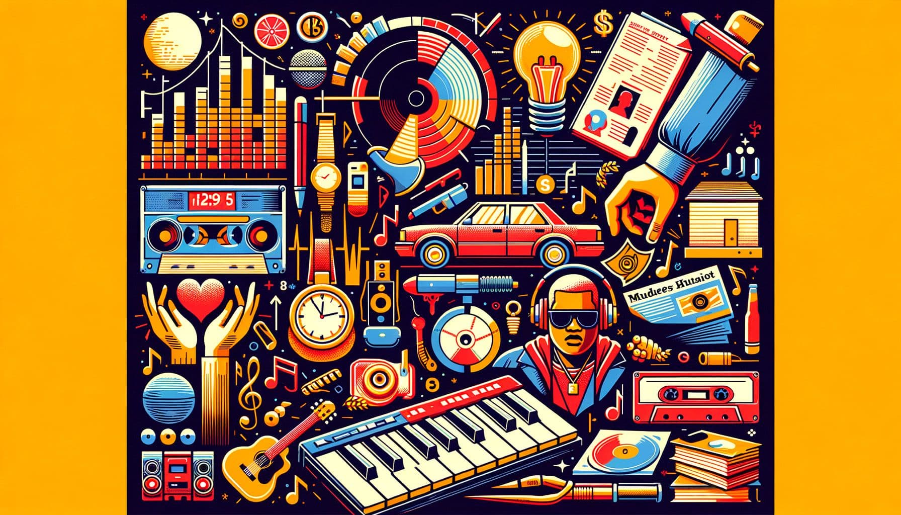 Create a vibrant 16:9 image for a music article titled 'A Journey Through the Halls of Hip-Hop: From Murder Cases to Cult Heroes'. The image should visually take us on a journey through the world of Hip-Hop, illustrating various key incidents that have shaped the culture. Include elements that signify the richness and vibrancy of Hip-Hop culture. Formats should be in pixels and the resolution of the image should be 1792.