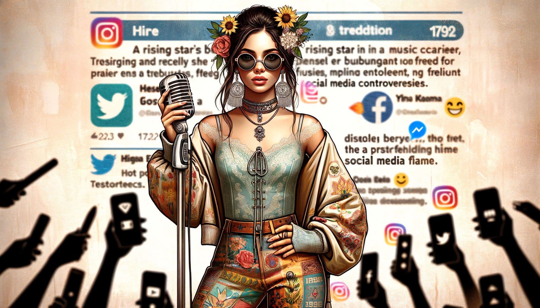 An image fit for a 16:9 ratio with 1792 pixels highlighting the narrative of a rising star's burgeoning music career, her flamboyant style, and recent involvement in social media controversies. Illustrate an anonymous young woman with dark brown hair, white descent, dressed in a stylish, eclectic outfit holding a microphone, signifying her musical prowess. Further, show a backdrop representing social media influence, possibly showing app logos, trending signs, and emojis blurred out. Do not picture a real person but dramatize the idea of a rising star in the music industry with internet fame and controversies.