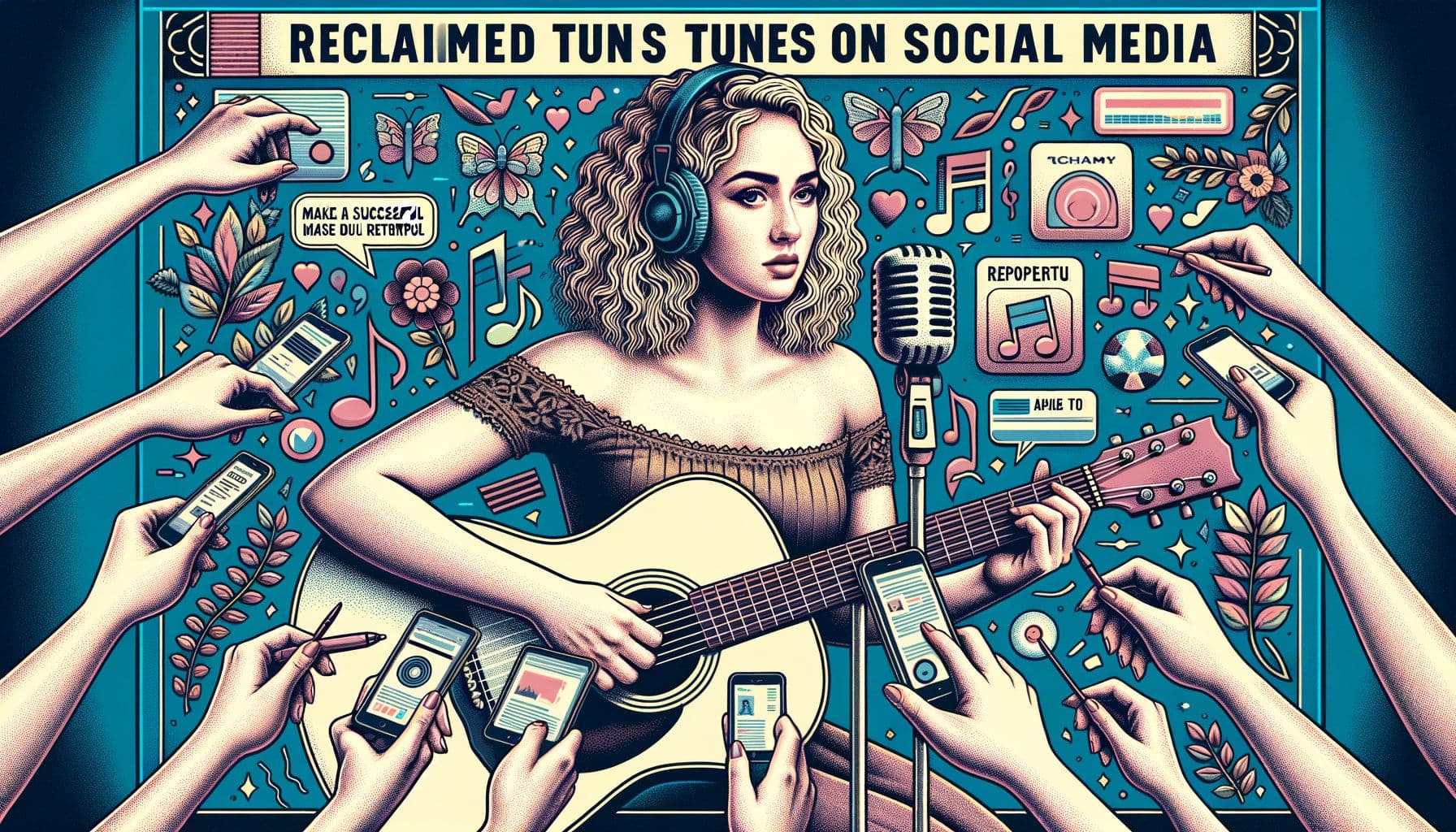 Create an image for an article about a popular female pop star's music making a successful return on a trendy social media platform, ahead of her new album release. The image should showcase elements relevant to social media, music, and new album anticipation. The title is 'ReclaimedTunesOnSocialMedia'. Make it in 16:9 ratio and 1792 pixels wide.