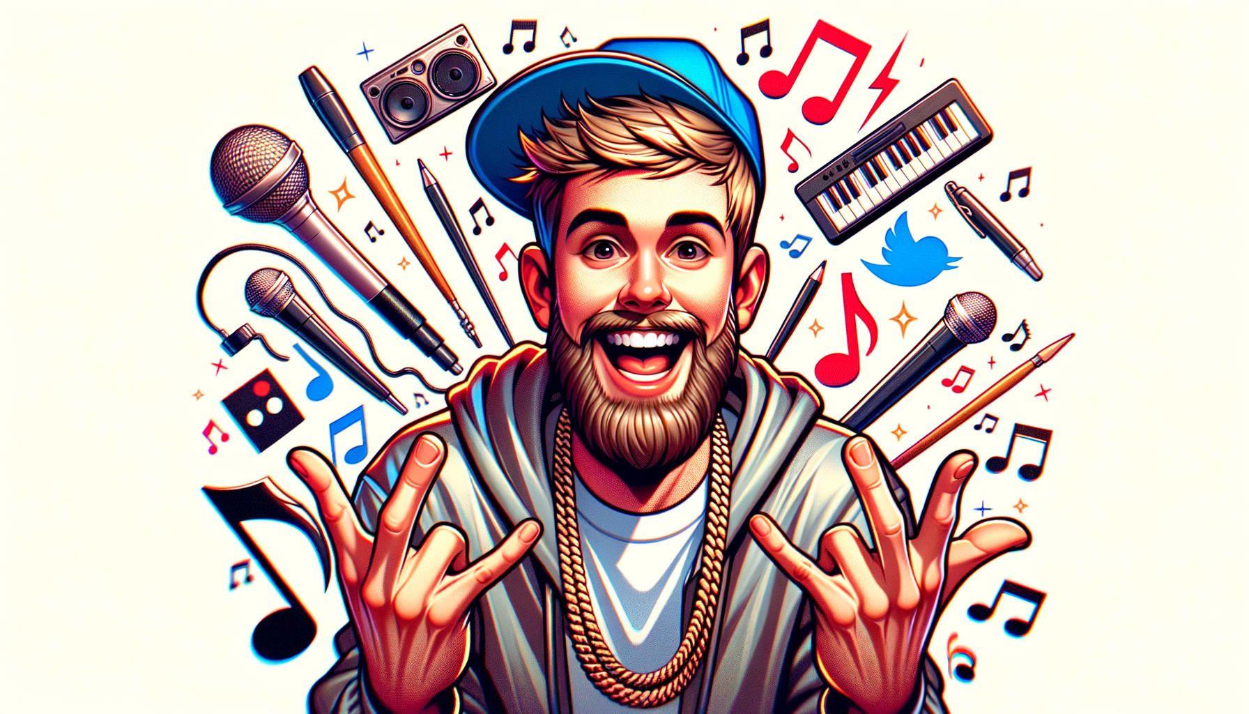 Generate an image for an article about a successful and popular yet nameless music star whose rise to prominence is linked to his popularity on a social media platform famous for short, creative videos. The illustration should depict his humorous personality and catchy beats that make him loved by many. Maintain a 16:9 aspect ratio with a resolution of 1792 pixels.