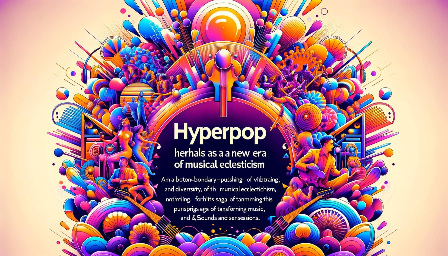 Design an image for a music-themed article titled 'Hyperpop Heralds A New Era of Musical Eclecticism'. The image should encapsulate the essence of Hyperpop as a genre, highlighting its celebration of vibrance and diversity, and its influence on transforming music and entertainment. Aim for a boundary-pushing saga of colours, sounds, and sensations. The image should have a 16:9 ratio and be 1792 pixels wide.