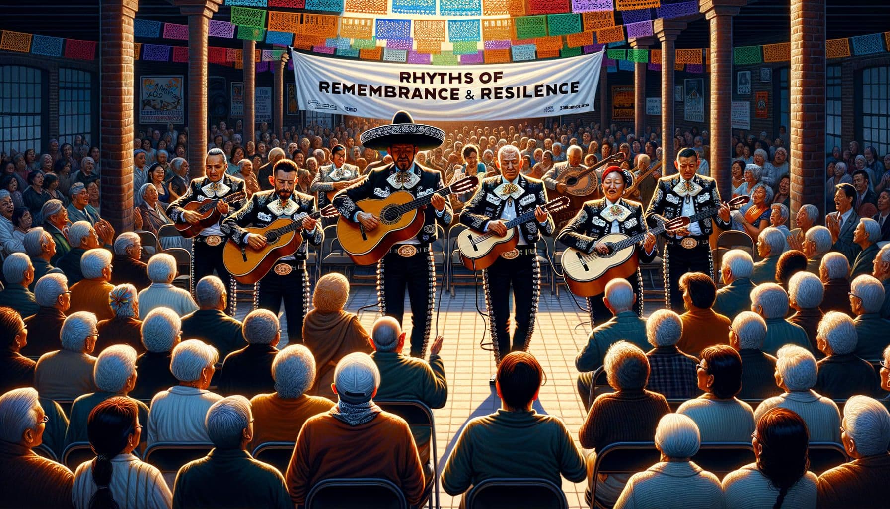 Generate a 16:9 ratio image with 1792 pixels showcasing the theme of resilience and remembrance through mariachi music. The image spotlights a mariachi band performing passionately, the musicians dressed in traditional attire, their expressions a rich tapestry of emotions reflecting life's ups and downs. An appreciative audience of diverse ethnic backgrounds and genders, visibly moved by the music. The image is imbued with a sense of connection to cultural roots and personal healing. In the background, a banner carrying the title 'Rhythms of Remembrance and Resilience' captures the essence of the scene.