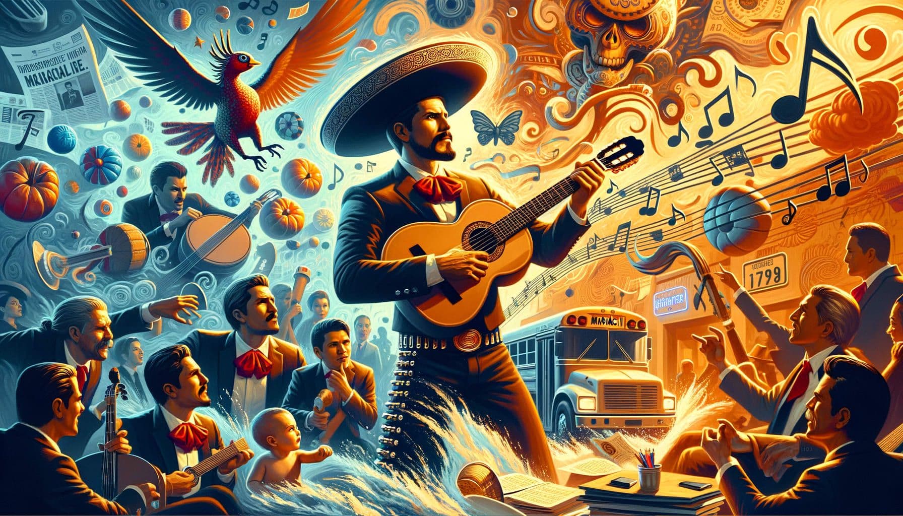 Create a 16:9 ratio image with 1792 pixels displaying a scene related to redefining traditional Mexican music. Include a bold, dynamic figure with an innovative and energetic bearing that suggests his role in transforming musical ideas. Use symbols and imagery relating to Mariachi such as musical scores, instruments like guitars and trumpets, or traditional costumes. The image should also illustrate the anticipation and energy of a new tour, perhaps a bus or poster, and a tender moment reflecting fatherhood, such as a figure holding a small child or child's toy. Do not include any real person's likeness.