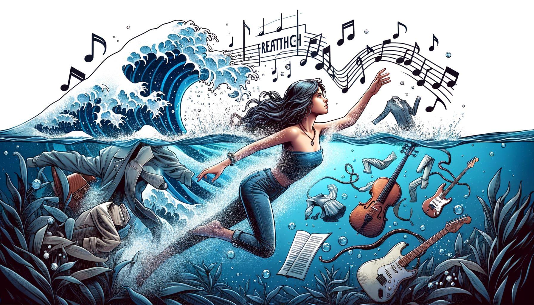 Illustrate a symbolic scene for a music artist's breakthrough in the industry. The focal point is a young woman who is metaphorically diving deep into the ocean, symbolic of the music industry. Surrounding her are elements representing collaboration and fashion, perhaps musical notes intertwined with clothing items floating as if underwater. The woman carries an aura of confidence and determination, embodying her successful journey in the music and entertainment landscape. The visual representation should adhere to a 16:9 ratio and 1792 pixels in width.