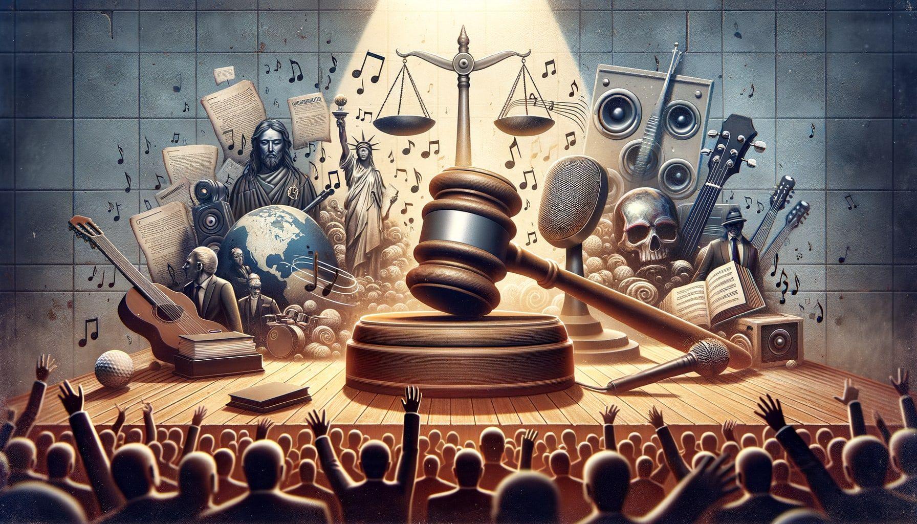 An image illustrating the end of a trial related to stolen song lyrics by a famous rock band, represented metaphorically. Upon closure of this case, both admirers and critics express their surprise through a melody of disbelief. The scene is cast in 16:9 ratio with a resolution of 1792 pixels. The mood is unexpectedly quiet, symbolized by a whimper rather than a loud noise. The image predominantly features legal symbols like a gavel, scales, and traditional courthouse architecture mixed with symbolic elements of the rock music industry like a guitar, microphone, and music notes.