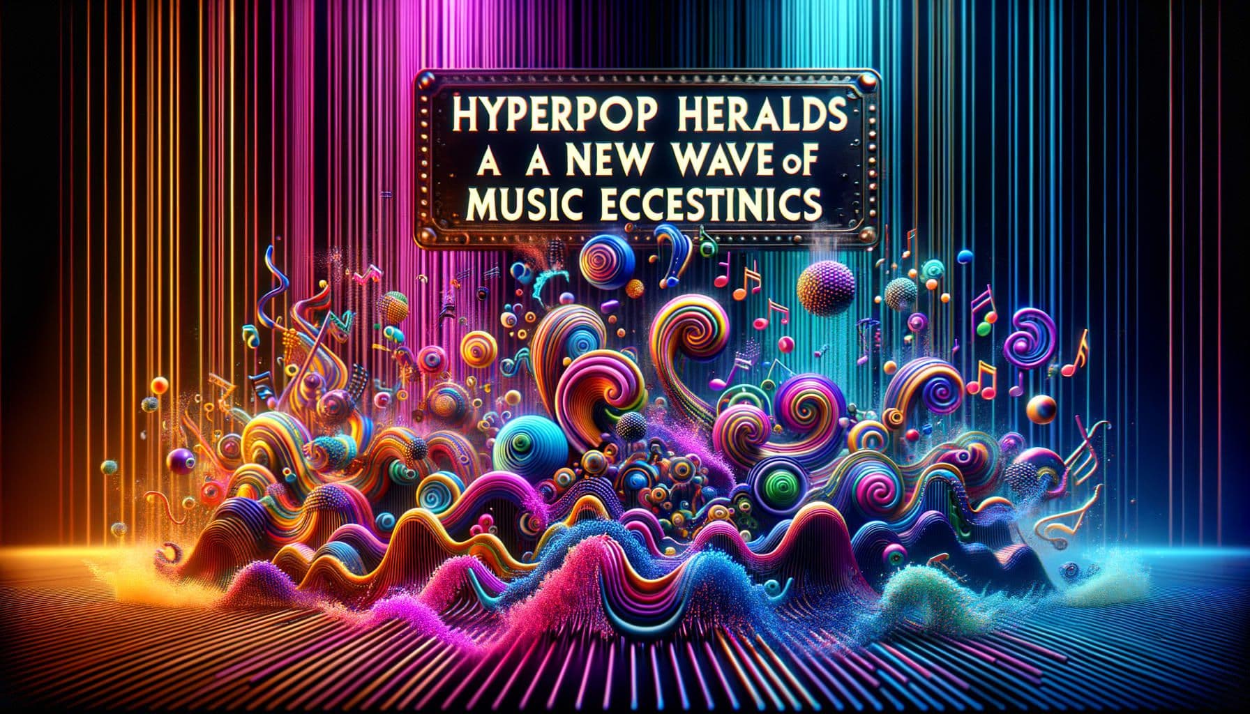 Create an image to represent a new wave of music with eccentric styles, themed around the genre of Hyperpop. The scene should reflect innovative sounds and bold artist collaborations, redefining the traditional boundaries of music. It may depict abstract musical notes, colourful soundwaves, intermingling neon patterns, symbolizing audacity and innovation. The image should be framed in a 16:9 aspect ratio and should measure 1792 pixels in width. Please avoid using any particular identifiable characters or symbols. The overall vibe of the image should be vibrant, modern, surreal, and richly engaging. Must contain a banner at the top of the image with the title 'Hyperpop Heralds a New Wave of Music Eccentrics'.