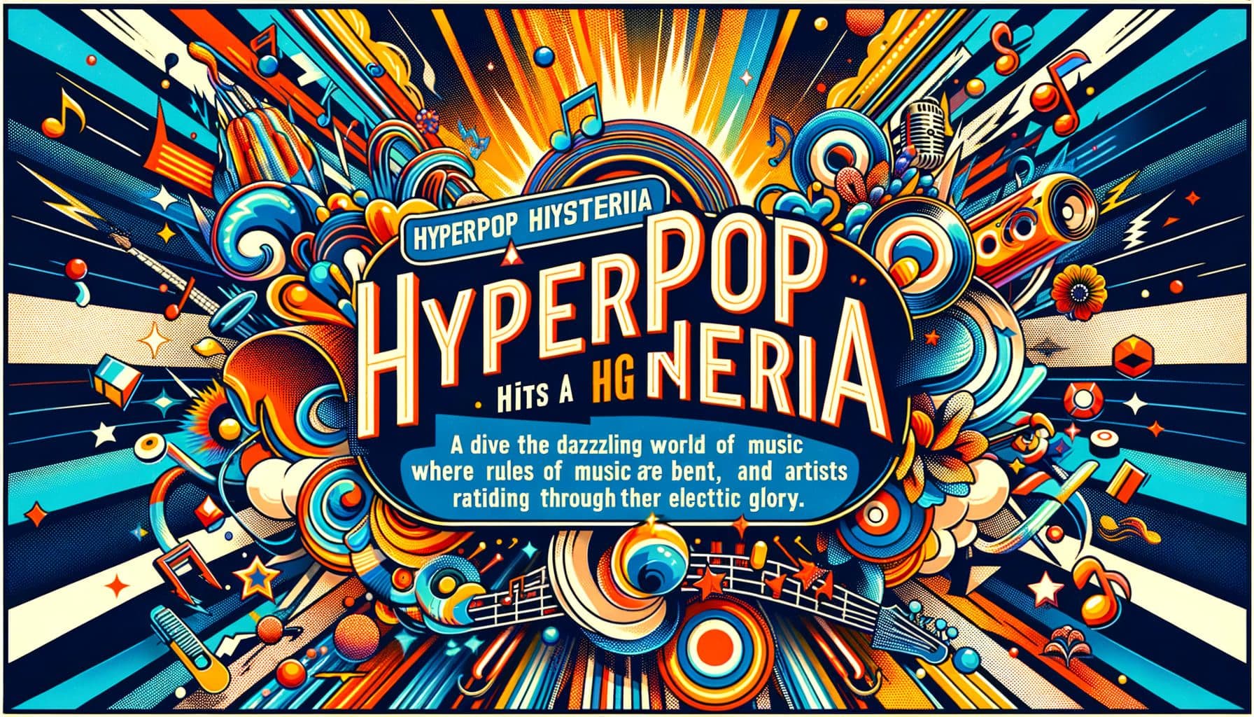 Create an image illustrating the title 'Hyperpop Hysteria Hits A High Note' with a description suggesting a dive into the dazzling world of hyperpop where rules of music are bent, and artists radiate through their eclectic glory. The image should be designed in a 16:9 ratio with 1792 pixels, showcasing colorful and vibrant designs synonymous with hyperpop culture, prominent music notes and symbolic representations of rule-bending.