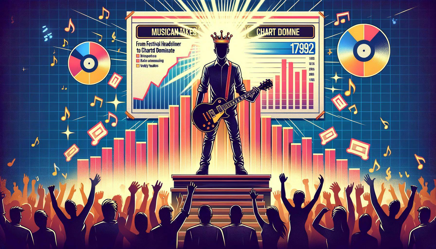 Create an image for an article with the title: 'Musician Takes Chart Throne' and description: 'From festival headliner to chart dominator, this musician is well-known and widely talked about in 2024'. The image should be in a 16:9 ratio with 1792 pixels. Please include elements that illustrate a musician's rise to prominence, such as concert stages, music charts, and fan reactions.