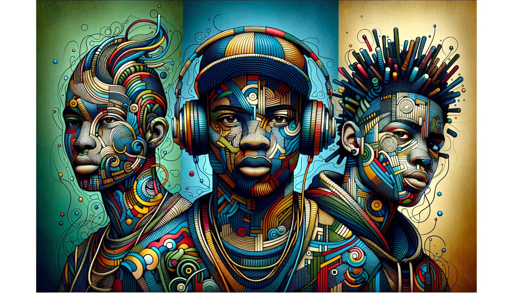 Generate an image for a music genre article titled 'Hip-Hop: A Cultural Shaper Across Borders'. The image should capture the diverse, vibrant, and controversial roles of this music genre within global society, featuring abstract depictions of three hip-hop artists - a male artist known for his innovative styles, a female artist renowned for her powerful stage presence and a young male artist characterized by his international appeal. The image should reflect the cultural influence and the unifying power of Hip-Hop music across diverse global communities. The required image ratio is 16:9 and must possess 1792 pixels.