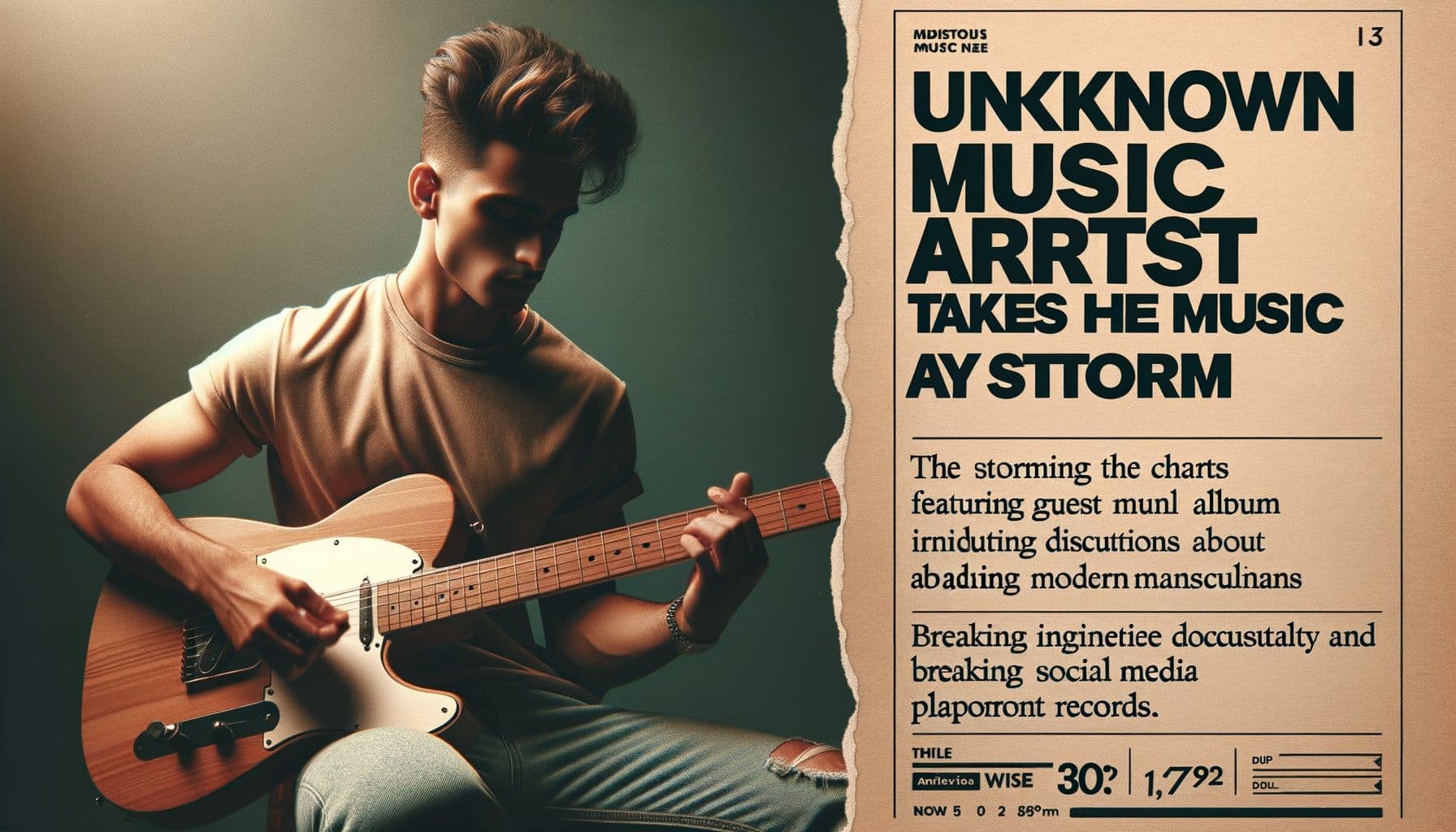 Generate an image for an article about a budding musical artist taking the music world by storm. The title of the article is 'Unknown Music Artist Takes The Music World By Storm'. The description says the artist is storming the charts with his new album featuring guest performers, while igniting discussions about modern masculinity and breaking social media platform records. The desired aspect ratio is 16:9 and the image width should be 1792 pixels.