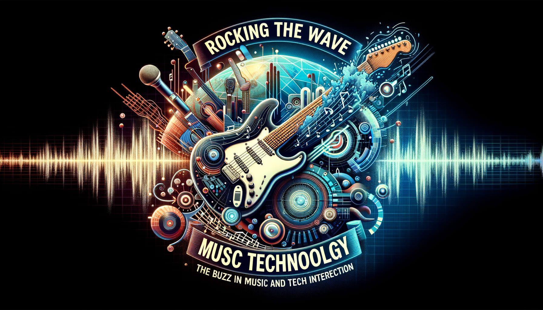 An image representing the intersection of rock music and technology wave, under the title 'Rocking the Wave of Music Technology'. The image further features a visual secondary headline that reads 'The Buzz in Music and Tech Intersection'. The image must maintain a 16:9 ratio and be rendered in high resolution with 1792 pixels across.