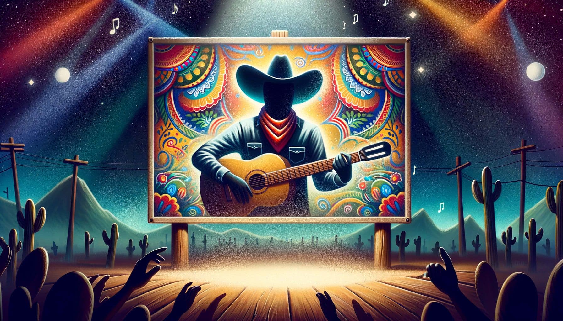 Create an image for an article titled 'UnknownArtistGoesCountry'. The image should reflect an exciting fusion of traditional Mexican music and Country music which represents an unknown artist's latest artistic endeavor. Furthermore, it is required to be in the 16:9 aspect ratio with a resolution of 1792 pixels.