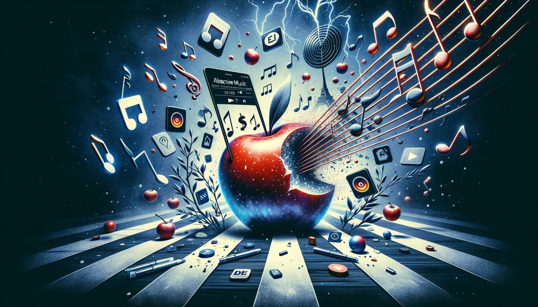 A conceptual art image for an Alternative music article. The title is: 'Apple's Discordant Note: A $2B Fine and Forced Harmony in the EU App Market'. The image should reflect the theme of the title by showing an apple fruit hitting a musical note, symbolizing discord. This is followed by a lightning bolt, representing the $2 billion fine by the EU. There are images of music apps floating around, symbolizing the changing landscape. The setting is an abstract representation of the EU. The style should be modern with a touch of grunge to reflect the genre of music. The image aspect ratio is 16:9 and the resolution is 1792 pixels.