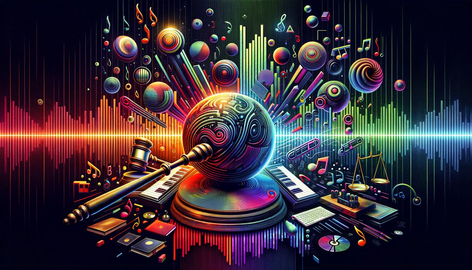 A striking digital composition set in a 16:9 ratio and measuring 1792 pixels. The primary theme is the dynamic world of electronic music. There's a sense of a pulsing beat conveyed through vibrant colours and abstract shapes. There are also elements portraying the fusion of technology with music, signified by AI-driven tracks and eclectic albums. A section of the composition symbolizes legal aspects of the music industry. It could be represented by gavels or scales. The title 'The Beat Goes On: Innovations and Legal Battles Shape the Pulse of EDM' prominently features on this composition.