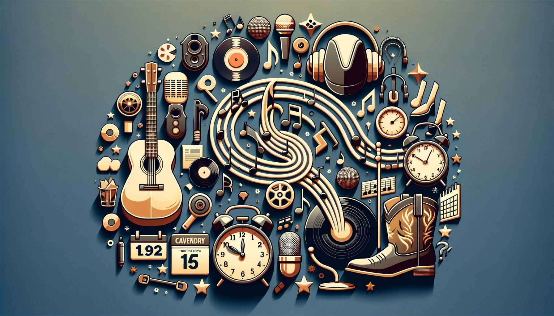 Create an image to represent an article titled 'Echoes of Pop Reinvention'. It should reflect the transformative and adaptive nature of pop music as it molds itself to evolving trends and diverse influences. Illustrate this with symbols of music development like notes, records, headphones and microphone, and changing times such as calendar pages turning or clocks. As a counterpoint to these dynamic elements, include symbols of empowerment and a twist of country music like cowboy boots or a hat. This is in 16:9 ratio with 1792 pixels.