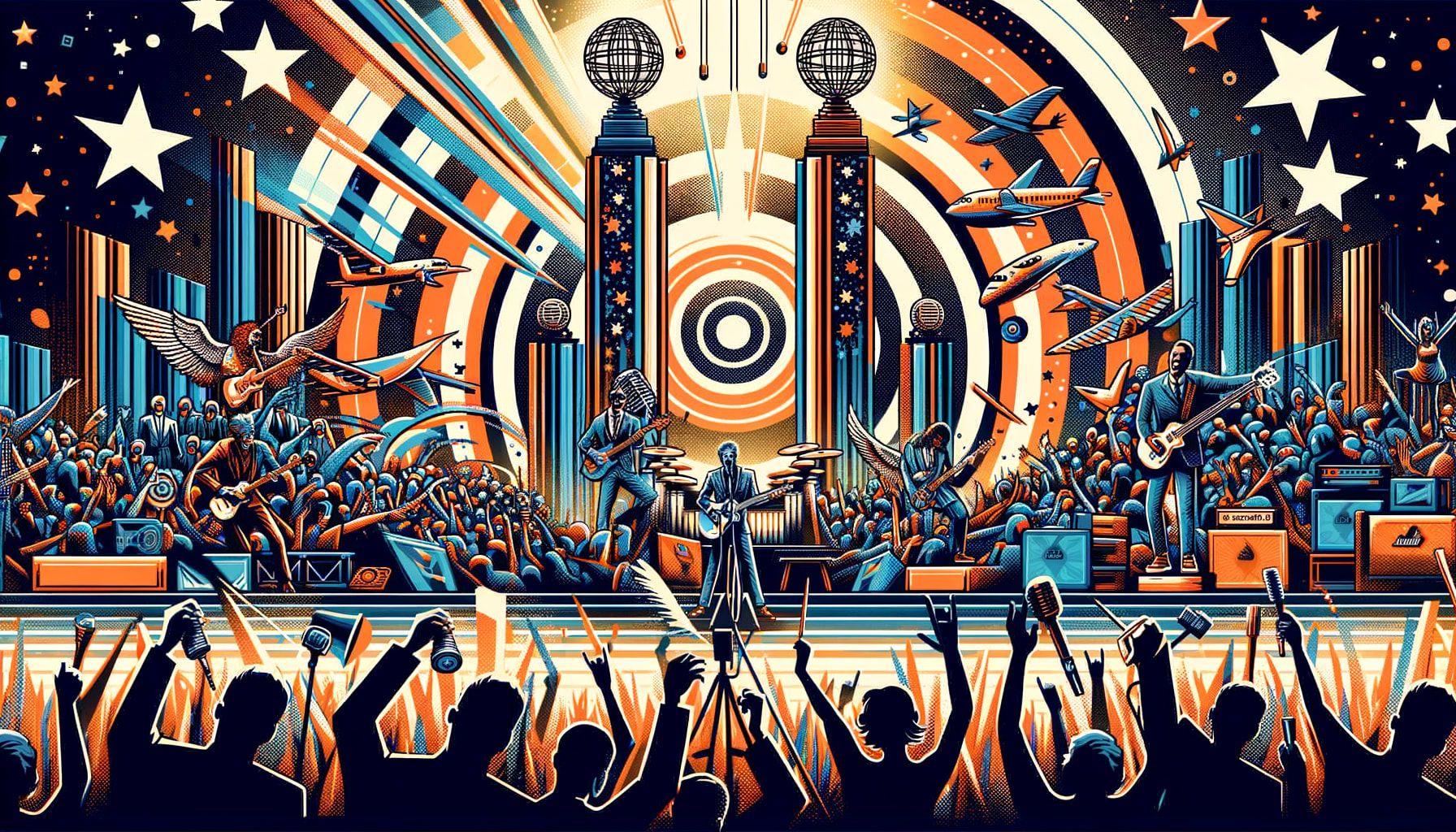 Generate an image in 16:9 ratio with 1792 pixels for an article titled 'The Alternative Rock Renaissance: Sweep of Victories at the Music Awards'. The image should visually depict a bold recap of a major 2024 music awards event, primarily highlighting the triumph of alternative rock genre. Include visual elements that reflect the first-ever accolade of an unspecified alternative rock band and the rapid-fire success and inevitable hiatus of another unspecified band. The overall tone of the image should communicate celebration, triumph, and nostalgia mixed with a touch of sadness due to the hiatus.