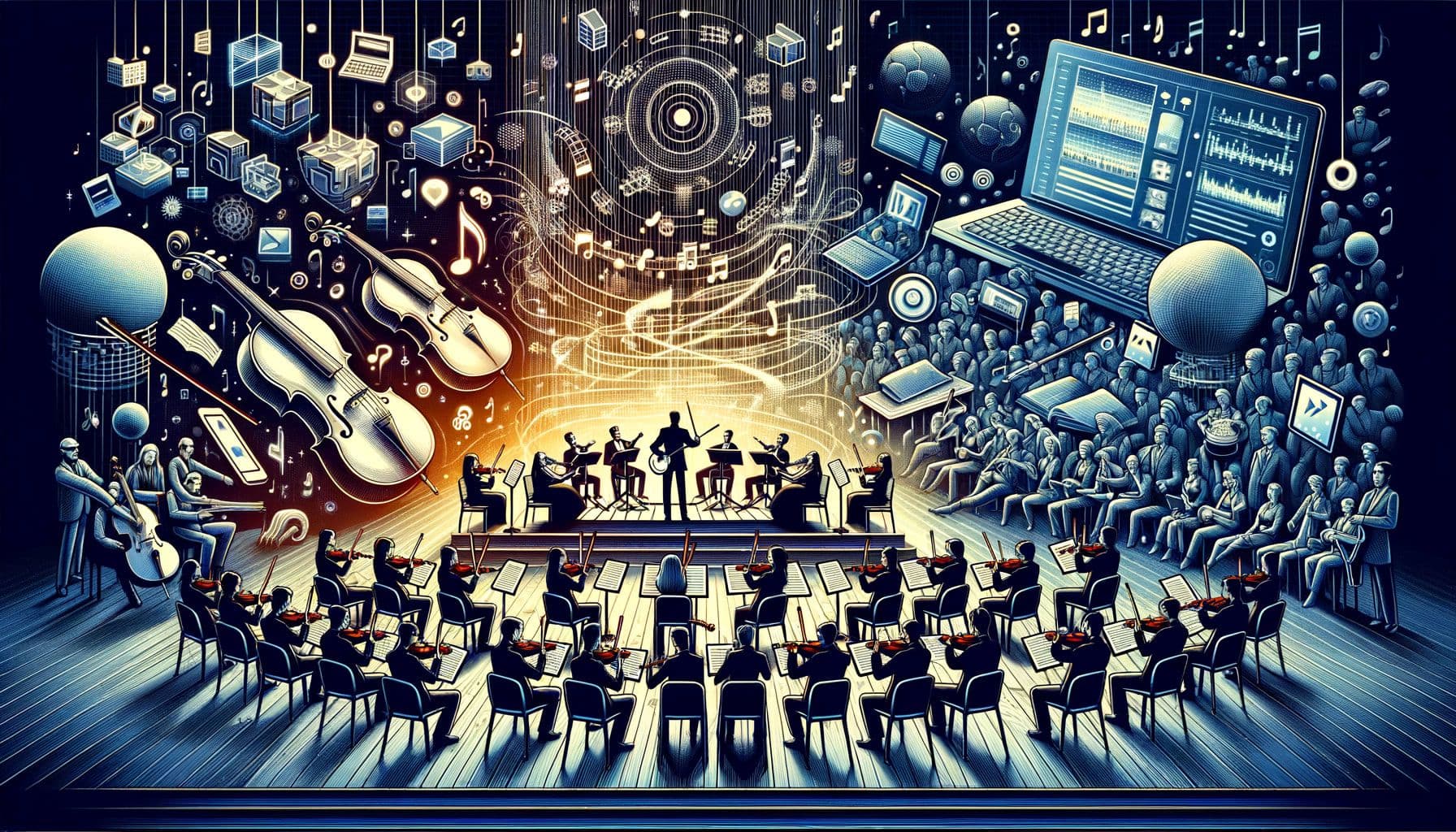 Create an image for an article about classical music in the digital age. The title 'The Melody of Modernity: How Digital Development is Harmonizing the Music Industry' should be prominently on top. Below, depict an orchestra on one side, playing classical music instruments such as violins, cellos, and flutes. On the other side, portray digital elements like streaming platforms, music notes turning into digital data, and people engaging with classical music through digital devices. All these elements should harmoniously integrate into the background. The image dimensions should be a 16:9 ratio with a length of 1792 pixels.