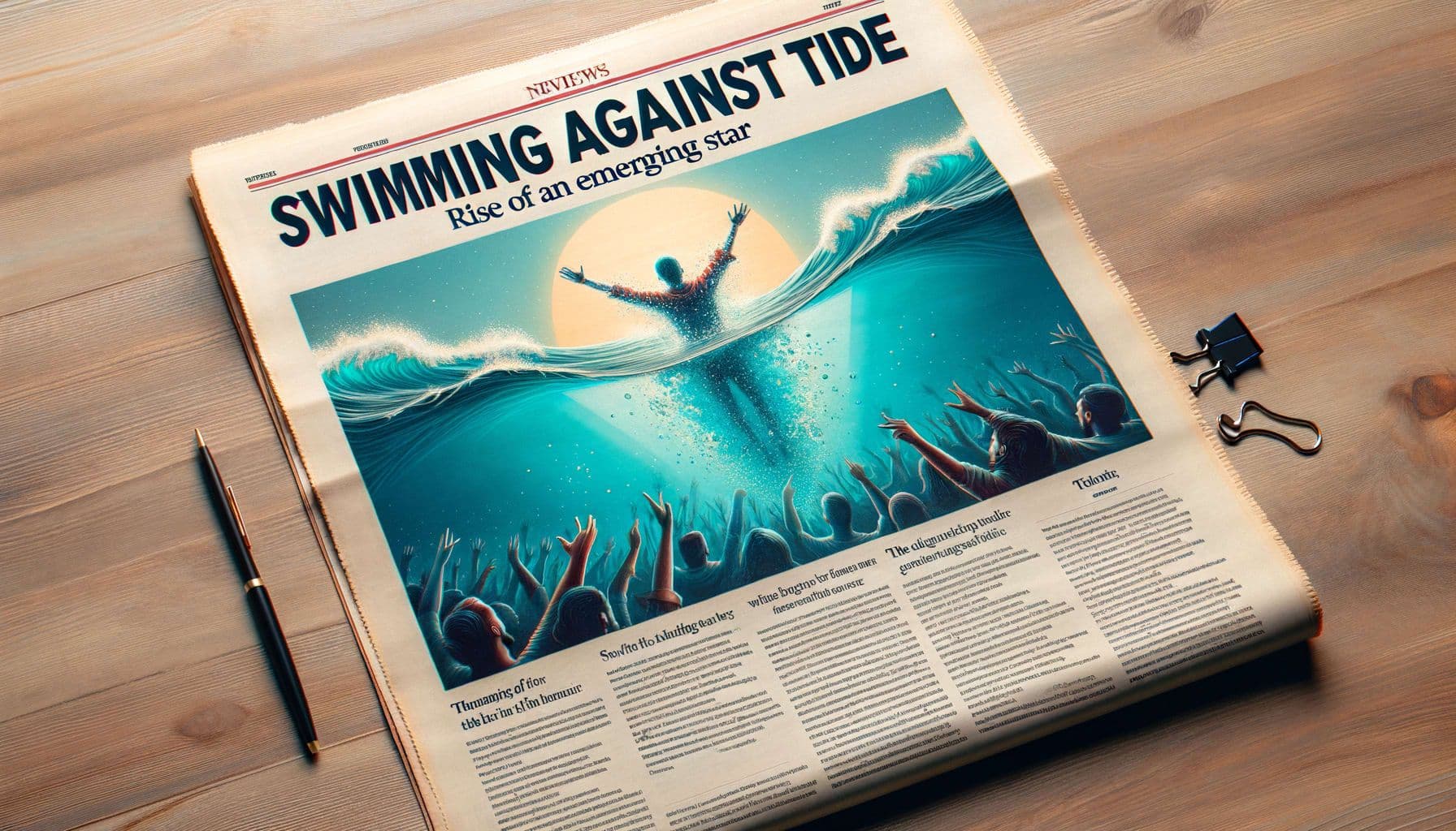 An article showcasing the journey of an emerging music artist swimming against the tide in a chart battle with some of the biggest names in music. Use a 16:9 ratio and a resolution of 1792 pixels. The title should read 'Swimming Against the Tide: Rise of an Emerging Star', indicating the artist's burgeoning power in the industry.