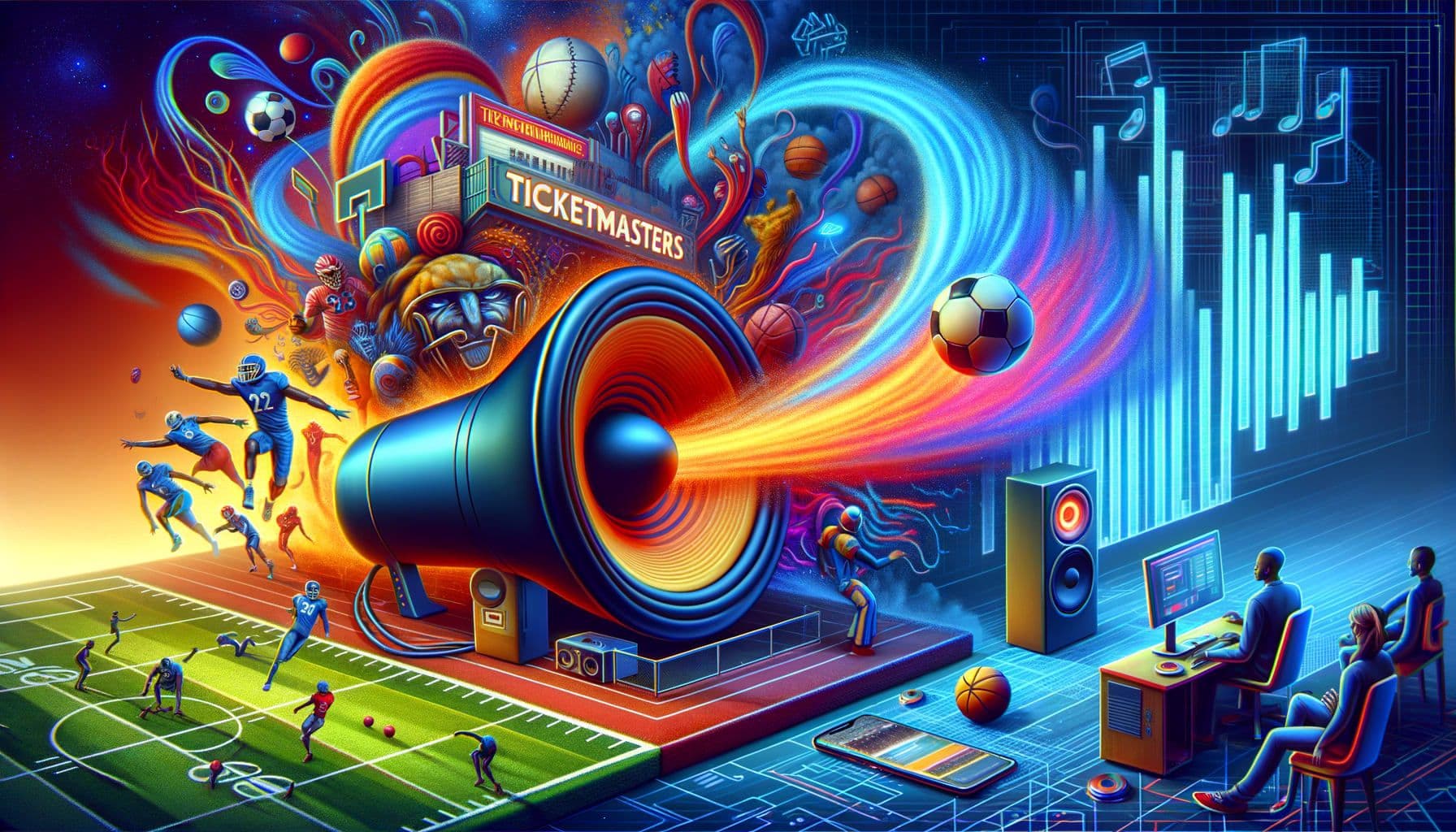 A vivid representation of the intersection between technology and sports. The scene showcases a vibrant game ongoing, perhaps football or basketball, with the ball transforming into a blaring speaker blasting tunes. In the background, tech components like mobile devices and AI algorithms are being integrated into the sports scene. Alongside, a depiction of an empty Ticketmaster's office signaling a wave of change. It's a story of advancement, innovation, and the eventual downfall of traditional systems. Make it in a 16:9 image ratio with 1792 pixels.