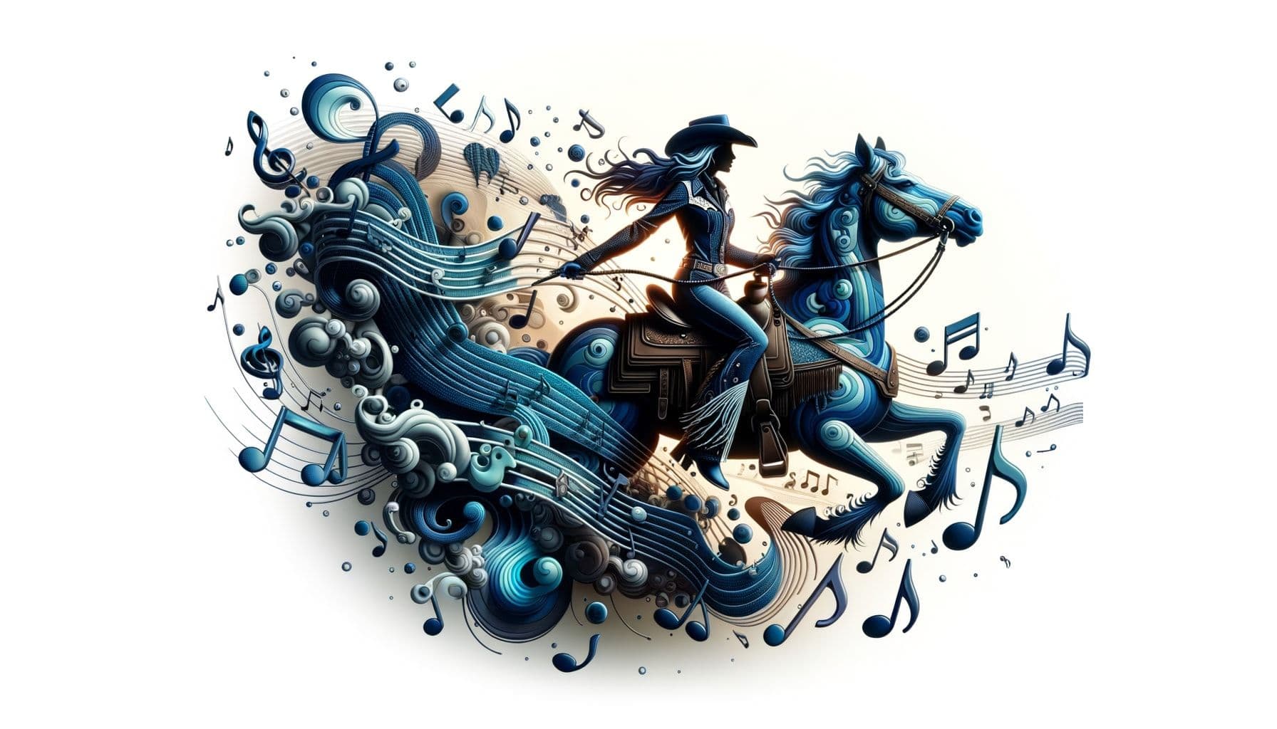 For the cover image of a Country Music article titled 'An Influential Melodic Trendsetter Takes Over Country Music', explore an abstract representation of a powerful female figure in western gear, riding a wave of music notes. This depiction should signify her impact on the country music narratives. Remember to capture the ebbs and flows of the industry reacting to her music. The image dimensions should be in 16:9 ratio with 1792 pixels wide.