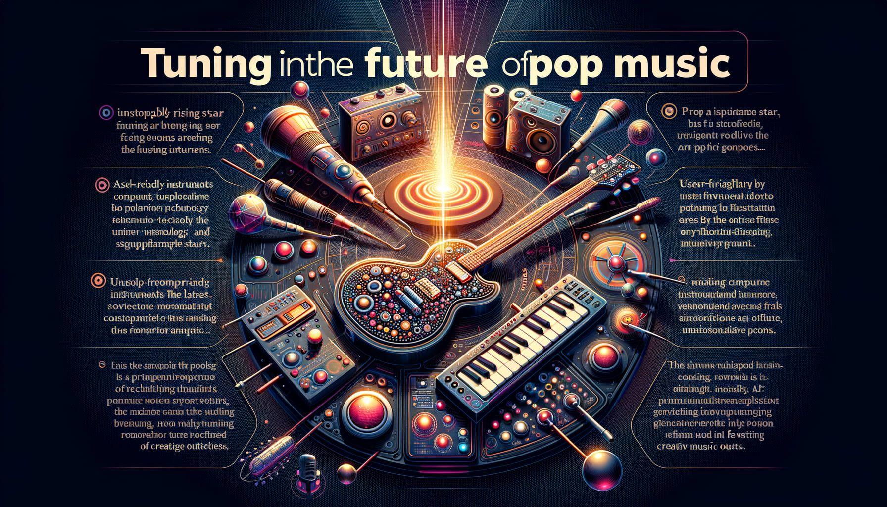 An image for a Pop music themed article titled 'Tuning Into The Future Of Pop Music'. The description reflects the latest innovations in pop music. Show user-friendly instruments by a pioneering technology company representative of Artiphon. Also incorporate the concept of an unstoppable rising star, and not a specific person, to represent the continual evolution of pop music talent. Include elements suggestive of the power of generative AI in fostering creative outputs. The image should be presented in a 16:9 ratio with 1792 pixels.