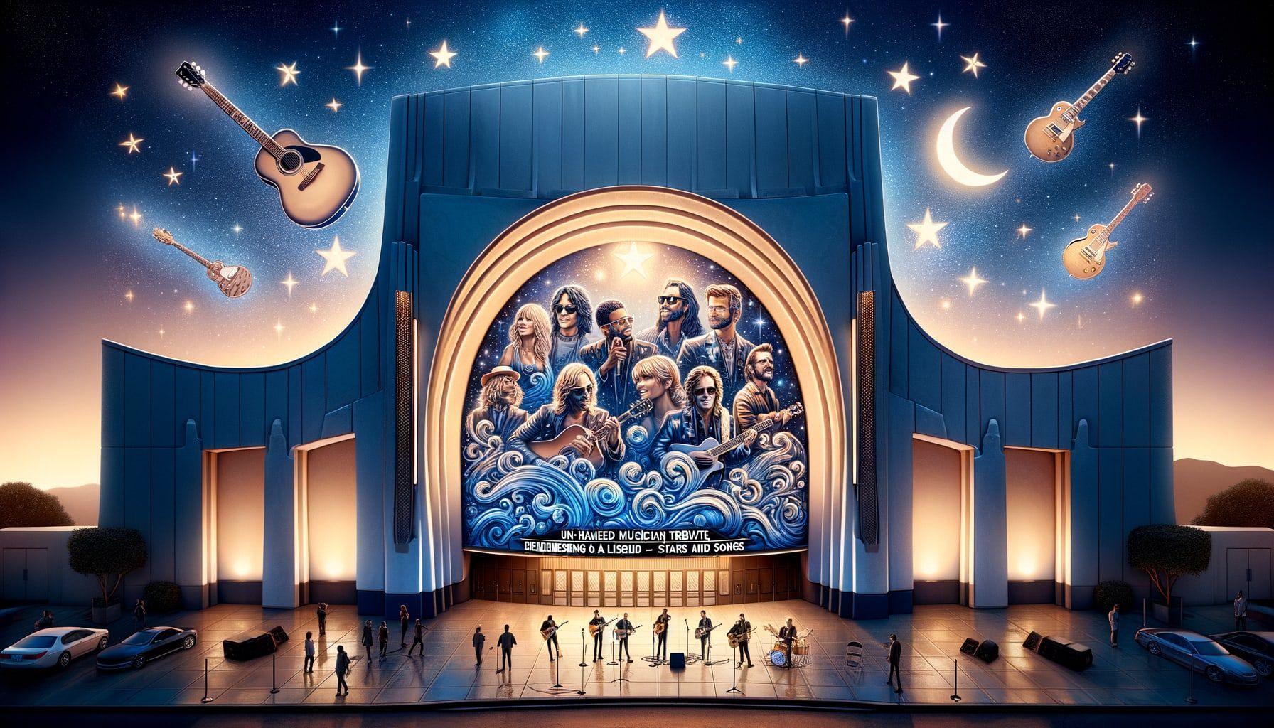 Create an image for an article titled 'Stars Line Up for Unnamed Musician Tribute: A Celestial Farewell'. The description is, 'Unnamed musicians set for tribute concert at a well-known amphitheater in Los Angeles. Remembering a legend with stars and songs.' The image should be in a 16:9 ratio with 1792 pixels.