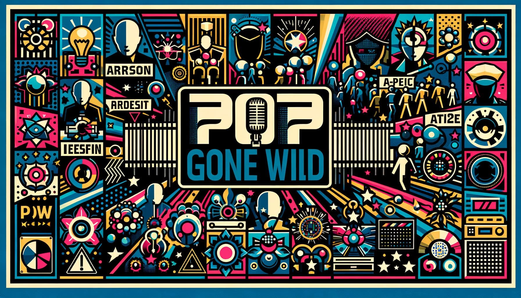 Generate an image which represents the drama and innovation of the pop music scene. Visual elements should include symbols that represent arrests and artificial intelligence. The backdrop for all these elements should be lively and indicative of the Pop music genre. The title 'PopGoneWild' should be prominently displayed in graphic letters at the forefront. The overall composition should fit a 16:9 ratio and have a resolution of 1792 pixels.