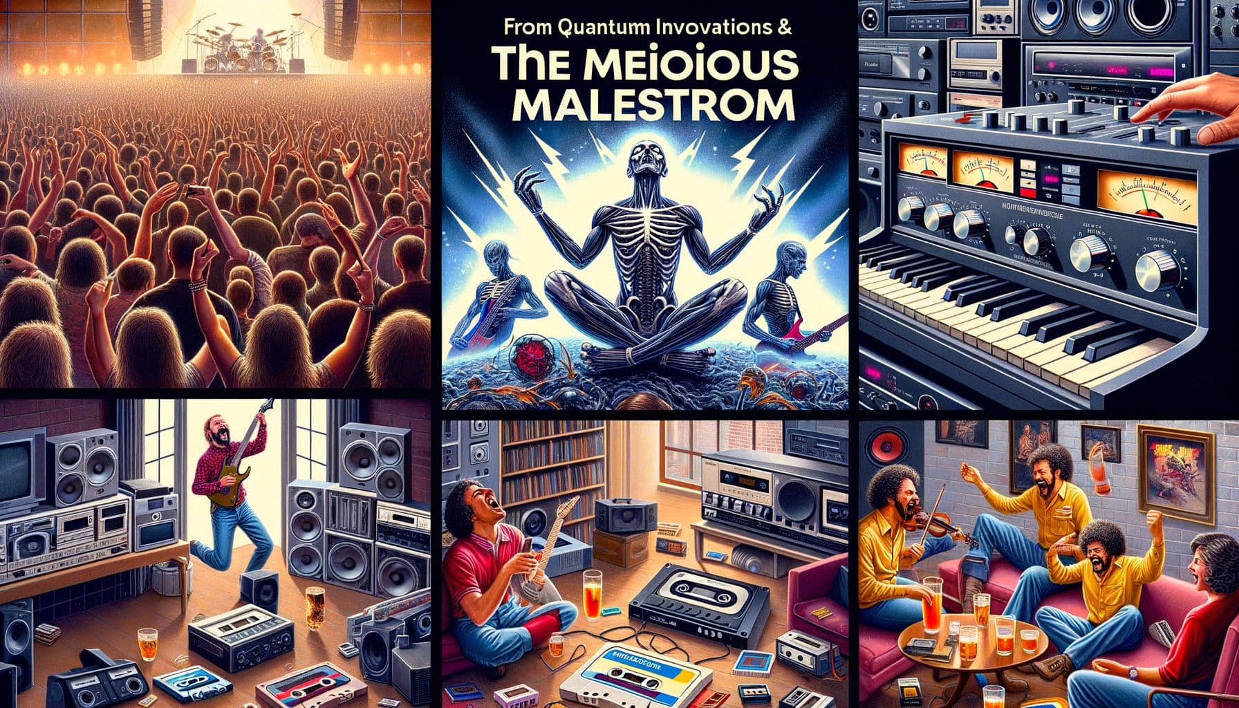 Create a 16:9 ratio image with 1792 pixels that accurately visualizes an article titled 'The Melodious Maelstrom: From Metal Gigs to Quantum Innovations & Retro Resurgence'. The image should depict a collage of scenes including metal music fans rejoicing at a concert, audiophiles indulging in sophisticated sound systems, and retro enthusiasts celebrating with vintage cassette tapes, potentially throwing a party suggestive of the late 80's era. The various segments of the collage should seamlessly blend to signify the amalgamation of different music trends.