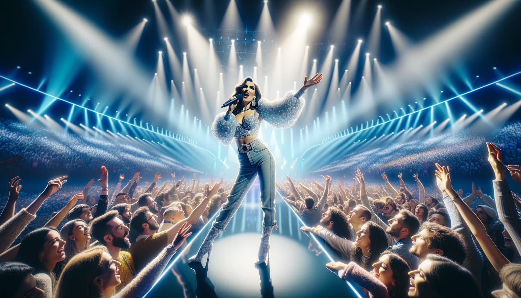 Create an image in a 16:9 ratio featuring a lively music contest scene for an article titled 'AngelinaMangoSwaysEurovisionOdds'. The scene should include a dynamic female performer owning the stage with her charisma, capturing the attention of a diverse crowd. She is seen performing her hit song 'La Noia', and the atmosphere is electric with excitement. The stage is set in Italy, highlighting the country's profound influence on the contest. Note that the image needs to be 1792 pixels in detail.