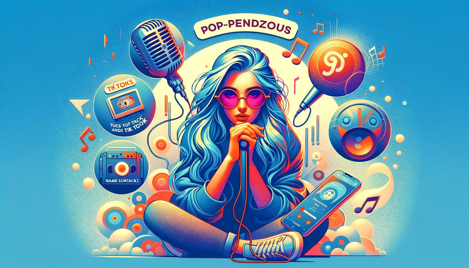 Create an image for a music article titled 'PopRendezvous: The Power Tunes, Tracks, Tech, and Tik Tok in Music' with a description of being a summary of the most recent changes in the pop music world, discussing a popular song by a renowned female artist, game-based soundtracks, and emerging technology trends in the music industry. The image is to be in a 16:9 ratio with a width of 1792 pixels.