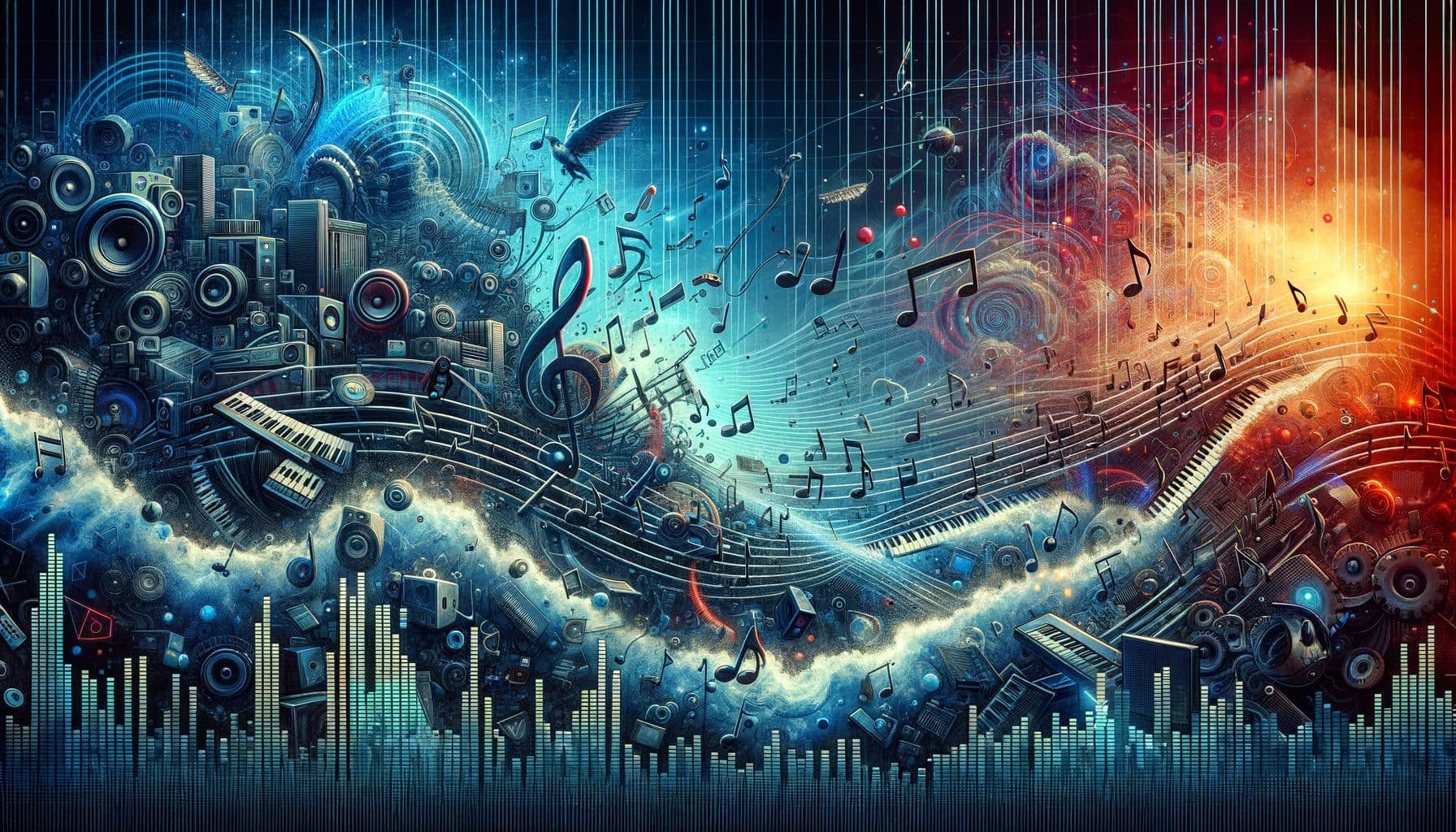 Generate an image for an Alternative music article with a title that reads 'Battle of the Beats: Tech Company's Antitrust Dilemma and the Changing Soundscape of Music Apps'. The image should depict a metaphorical deep dive into an ongoing saga involving a large tech company's recent legal issues in an unspecified region and how it's impacting the realm of digital music and apps. The visual representation should be a blend of digital aesthetics and musical elements. It should be in a widescreen 16:9 ratio with 1792 pixels.