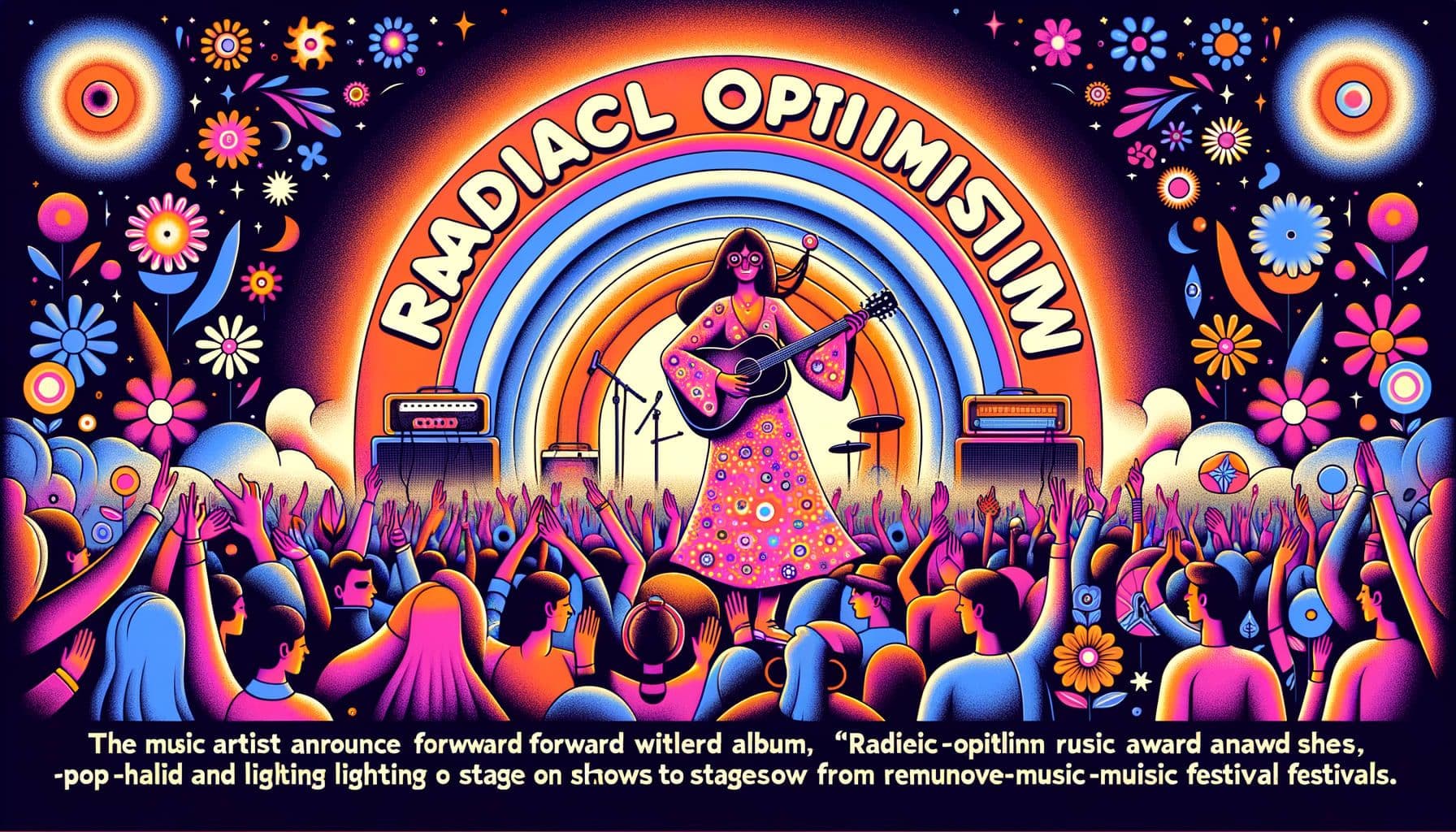 Create an image for a music article with the title: 'Music Artist Springs Forward with Radical Optimism' and description: The music artist announces her third album, 'Radical Optimism', promising a psychedelic-pop journey and lighting up stages from famous music award shows to renowned music festivals. The image should have a 16:9 ratio with 1792 pixels.