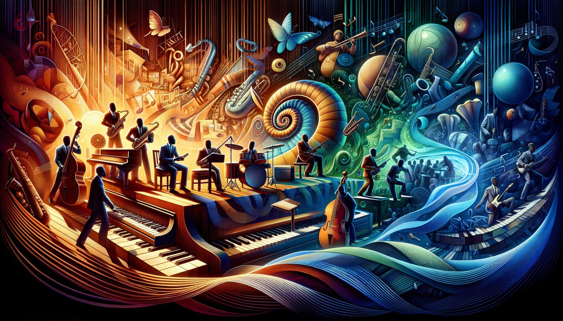 A vibrant scene representing the evolution of Jazz music 'Swinging Through Time: Jazz's Evergreen Echo'. The image shows an artistic interpretation of various stages of Jazz's historical progress from loft Jazz to contemporary collaborations, along with representations of different eras, significant instruments and styles. The rhythm and timeless essence of the music are visually portrayed woven into the fabric of a modern entertainment scene. All done in a landscape orientation (16:9 ratio) with a resolution of 1792 pixels.