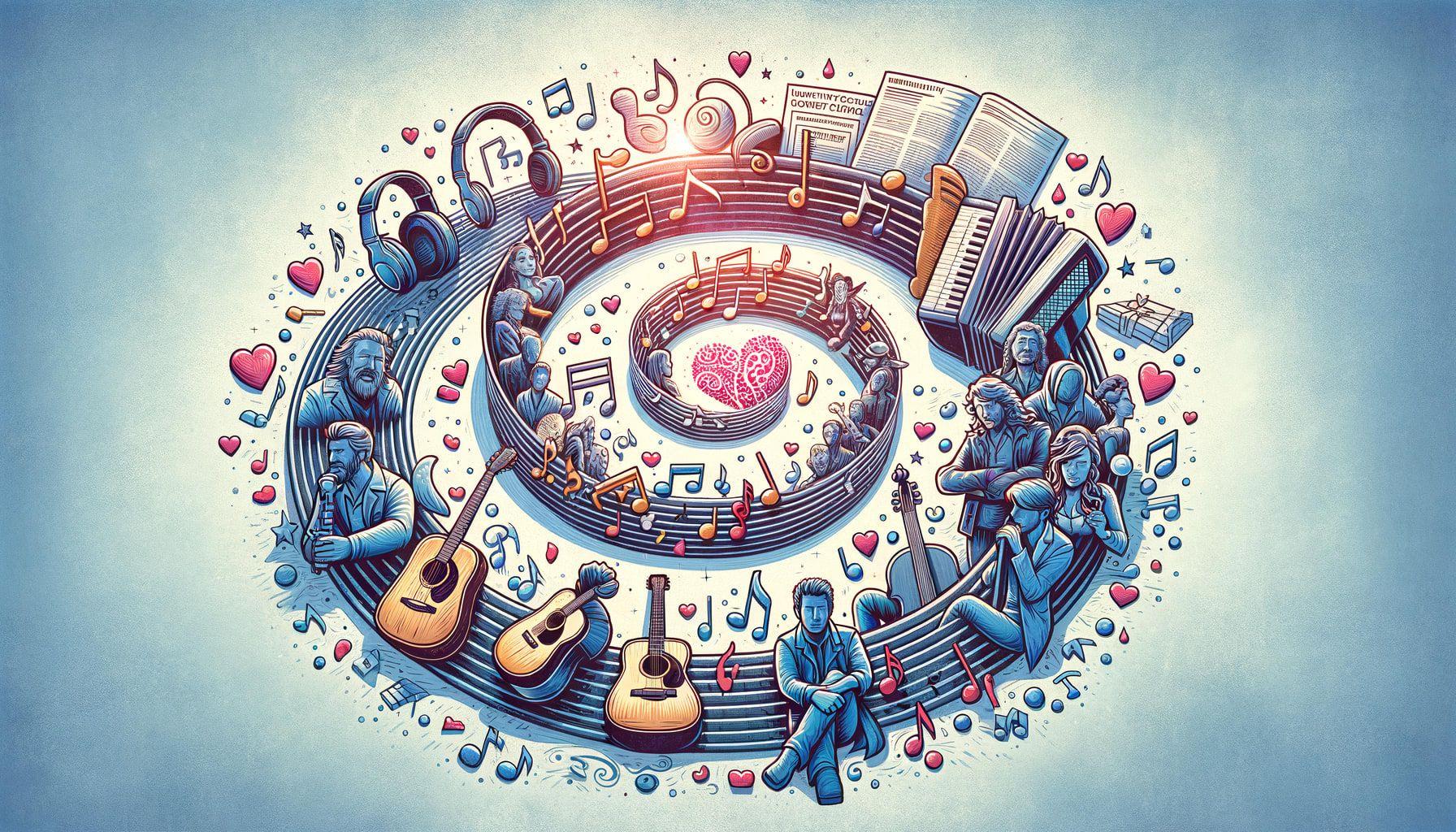 A graphic for an article titled 'Strumming the Chords of Drama in Country Music'. The image portrays a spiraling journey into the world of Country music. Illustrations of generic musicians with roots in Country music are shown, along with depictions of industry controversies and the emotion of loss. Visual elements drawn could include sheet music, a pair of headphones, a stylized heart representing heartache, a guitar. The ratio of the image should be 16:9 and the width should be 1792 pixels.