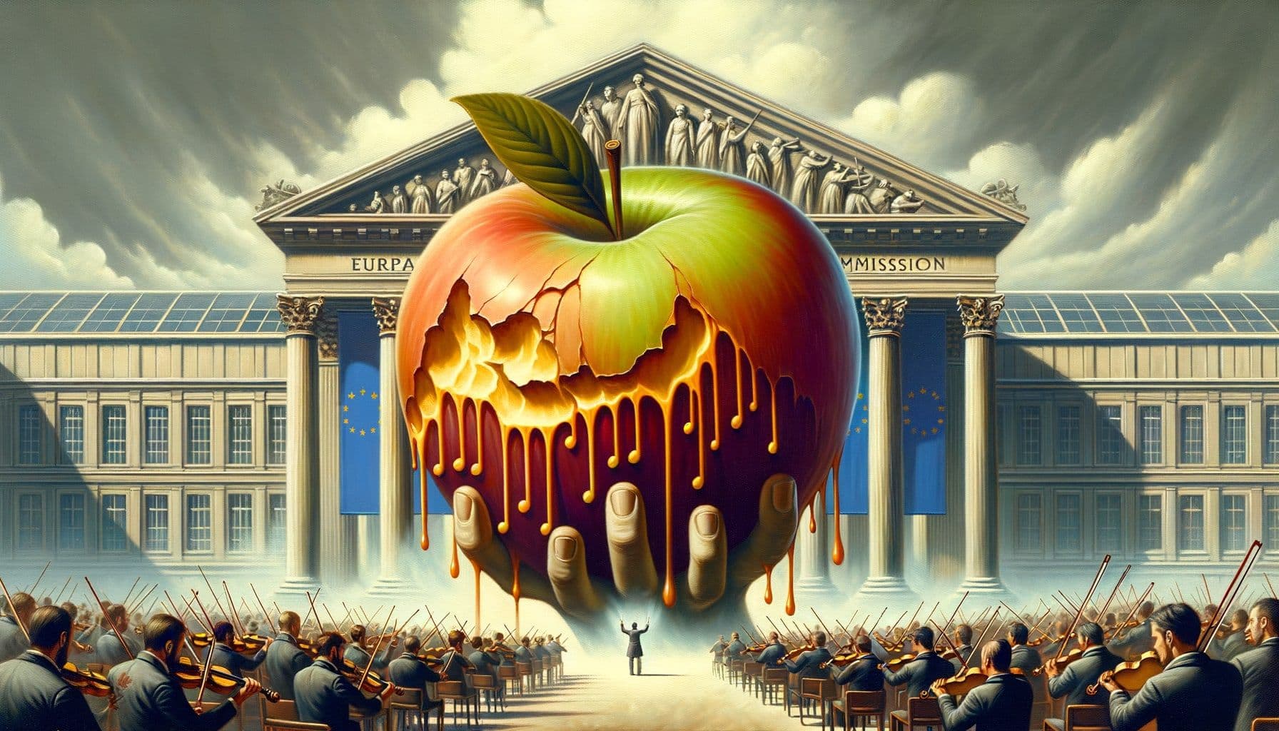 Create an image in a 16:9 ratio with the resolution of 1792 pixels showcasing a conceptual representation of a large, crisp apple being 'bitten' by a symbolic structure resembling the European Commission. The apple is visibly crumbling or leaking notes of music to portray music streaming sector. In the background, show a massive, towering figure of a symphony conductor holding a baton that looks like an oversized '$2B' symbol. Also overlay the title 'Apple's Sour Notes: EU Drops A $2B Symphony on Tech Giant' on the image. Painterly style, similar to 18th-century Romanticism era. Primary medium is oil on canvas.