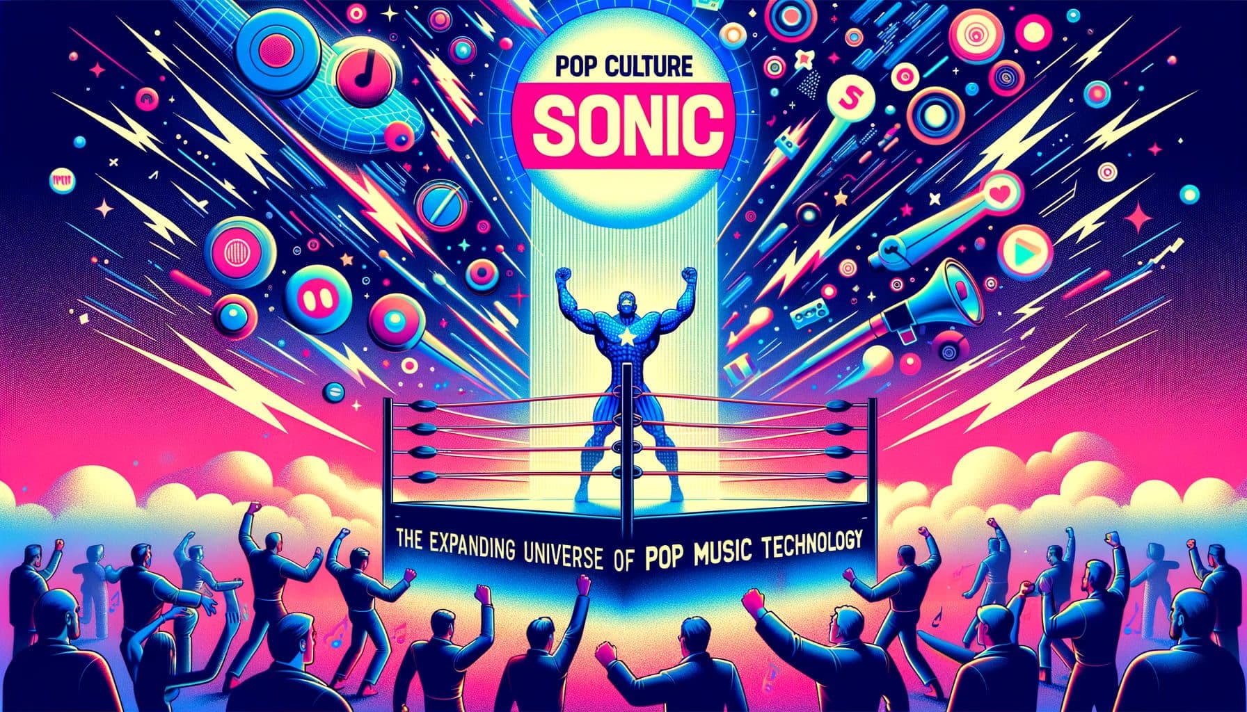 Create an image related to the article titled 'PopCultureSonic: The Expanding Universe of Pop Music Technology'. The image should capture the thematic essence of the article: exploring the revolutionary milestones and innovations in pop music technology that have a profound influence on our culture. This could range from the viral spread of a sensational song through social media platforms like TikTok to a melodic soundtrack that sets the vibe for a wrestling match. Design it in a 16:9 aspect ratio with 1792 pixels for width.