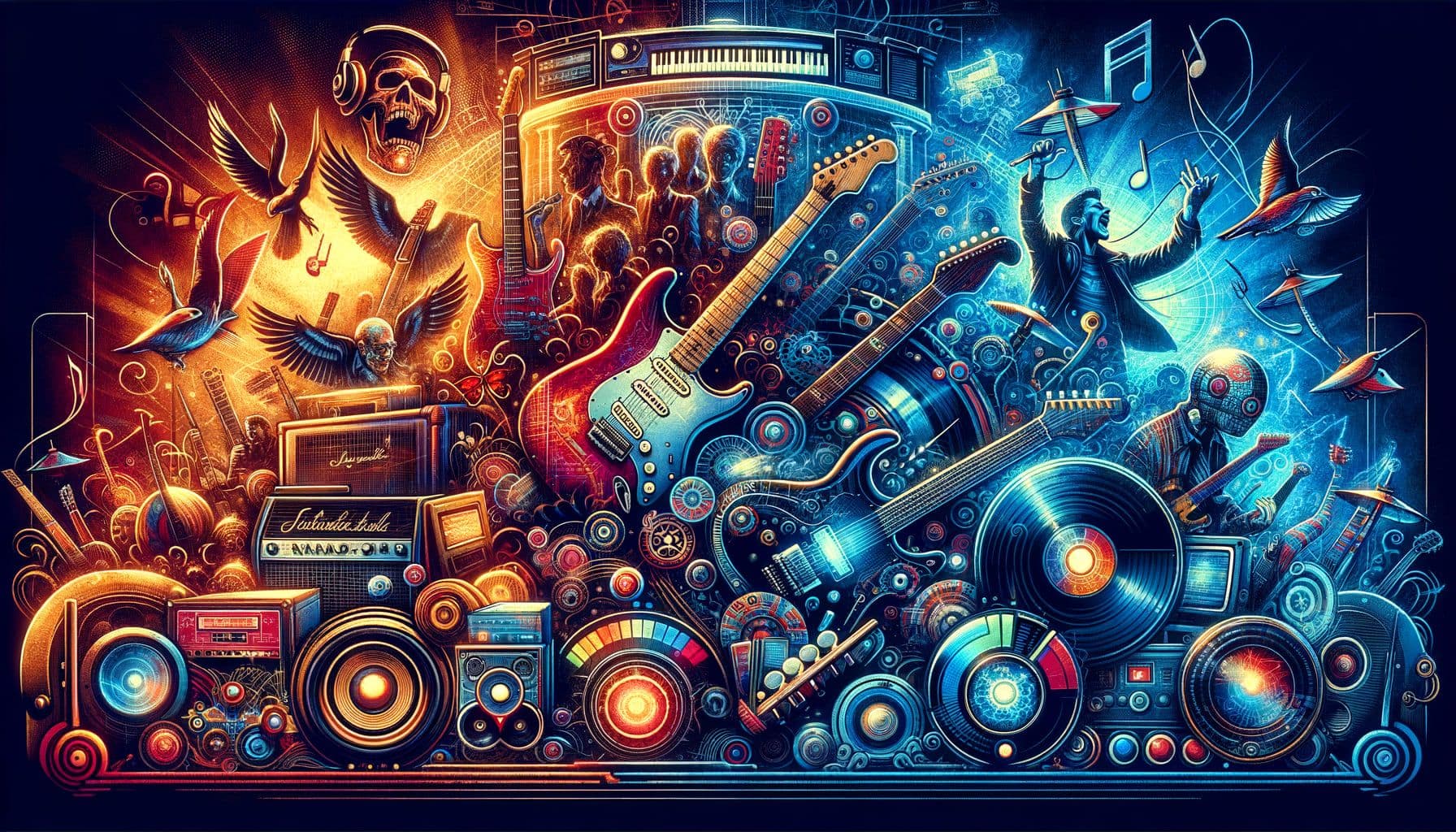 Create an image for an article about rock music titled 'Echoes Through Time: Rock Legends And Virtual Riffs'. The image should give the viewer a sense of the evolution of rock music over time, featuring elements of classic rock history such as vintage guitars and concert posters, blended with symbols of modernity and technological advancement like virtual reality headsets and digital interfaces. The color scheme should evoke the raw energy and vibrancy of rock music, possibly incorporating shades of electric blue and fiery red. The image is to be presented in a 16:9 ratio with a resolution of 1792 pixels.