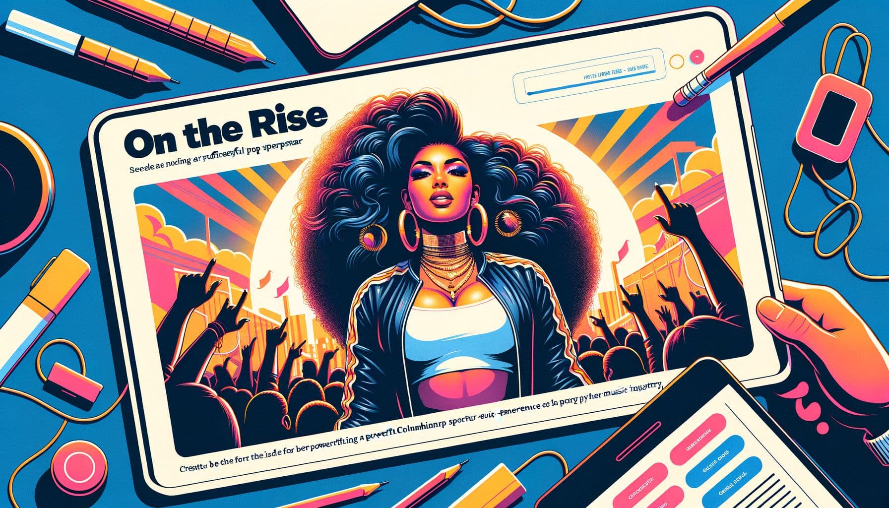 Create an image for an article featuring a successful female Columbian pop superstar titled 'OnTheRise', describing her powerful re-emergence in the music industry. The image should be designed to highlight the idea of resurgence and energy in a musician's career. Use a 16:9 ratio with 1792 pixels.