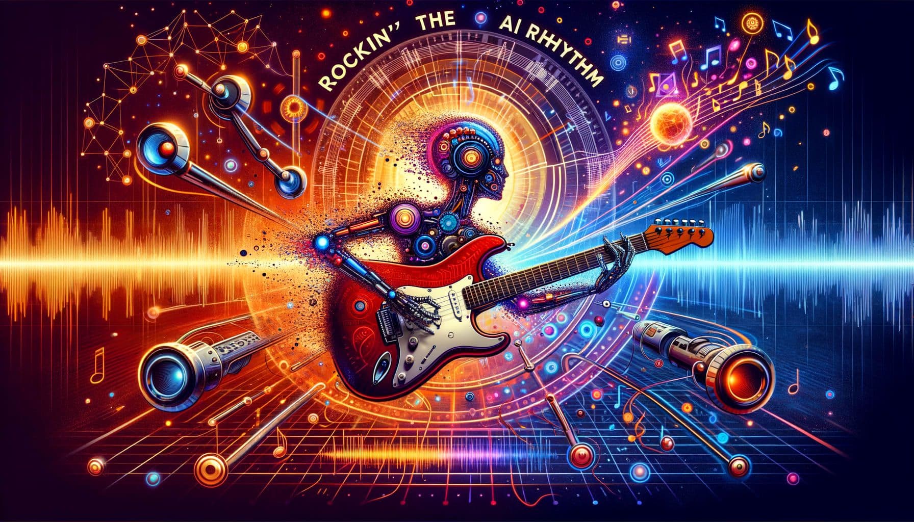 Design an image for a Rock music article titled: 'Rockin' the AI Rhythm: A Transcendent Journey Through Music and Tech'. The image should illustrate the fusion of Music and Artificial Intelligence, highlighting both the recent trends and controversies within this dynamic interplay. The image should be in a 16:9 ratio and have crisp resolution with 1792 pixels. The aesthetic style should possess the vibrancy and edginess typical of Rock music, while also incorporating abstract elements that represents artificial intelligence and technology.