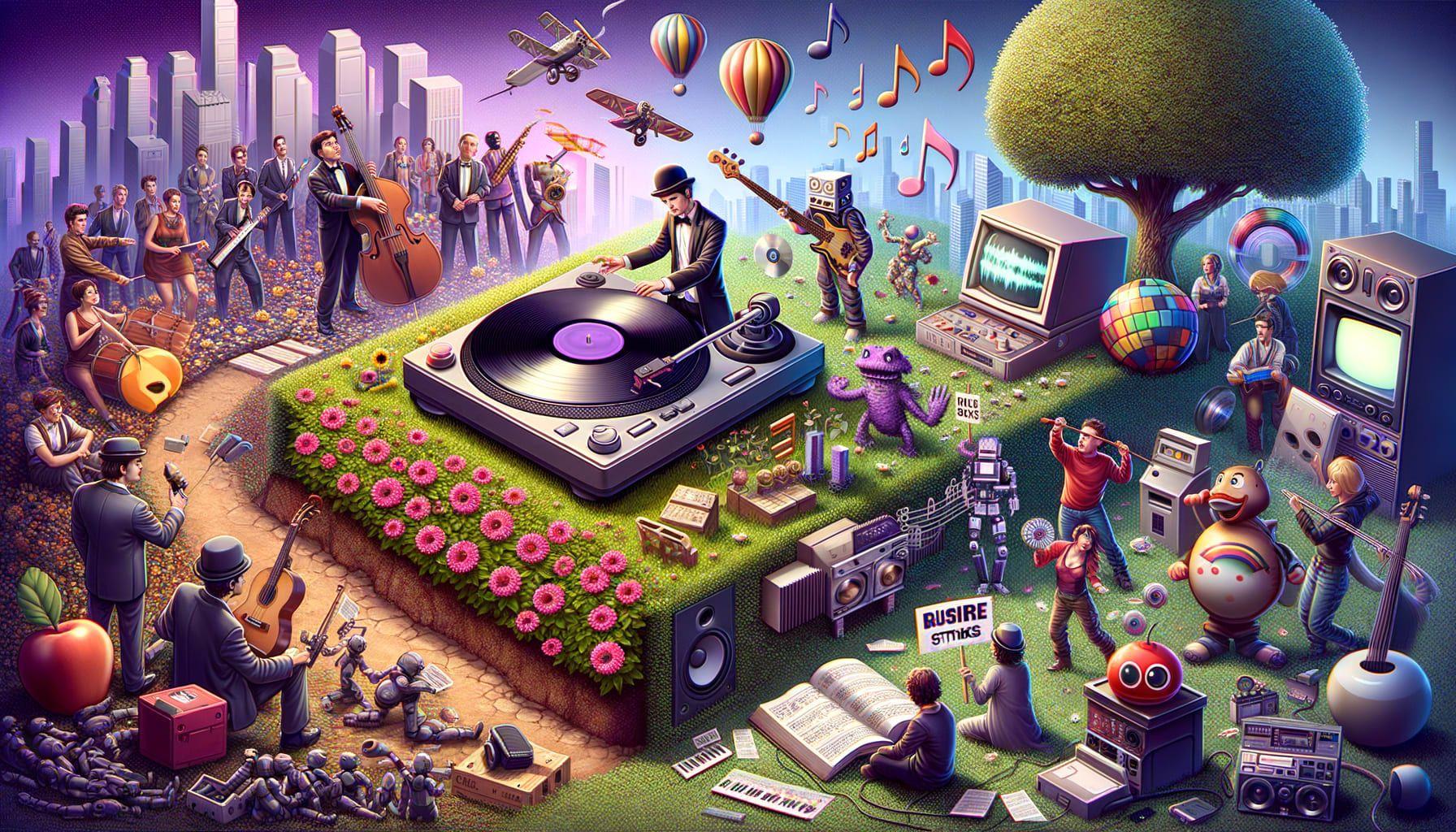 Create a vivid, engaging cover image for an article on electronic music titled 'Beats, Bytes, and Bizarre Strikes: The Unpredictable Symphonies of Electronic Music'. The image should illustrate the contrast and juxtaposition within the world of electronic music, featuring scenes such as a DJ tending a garden of musical notes, video game characters on a picket line holding signs, and an antique CD player being re-imagined with a modern widescreen format. Render it in a 16:9 ratio with a resolution of 1792 pixels.