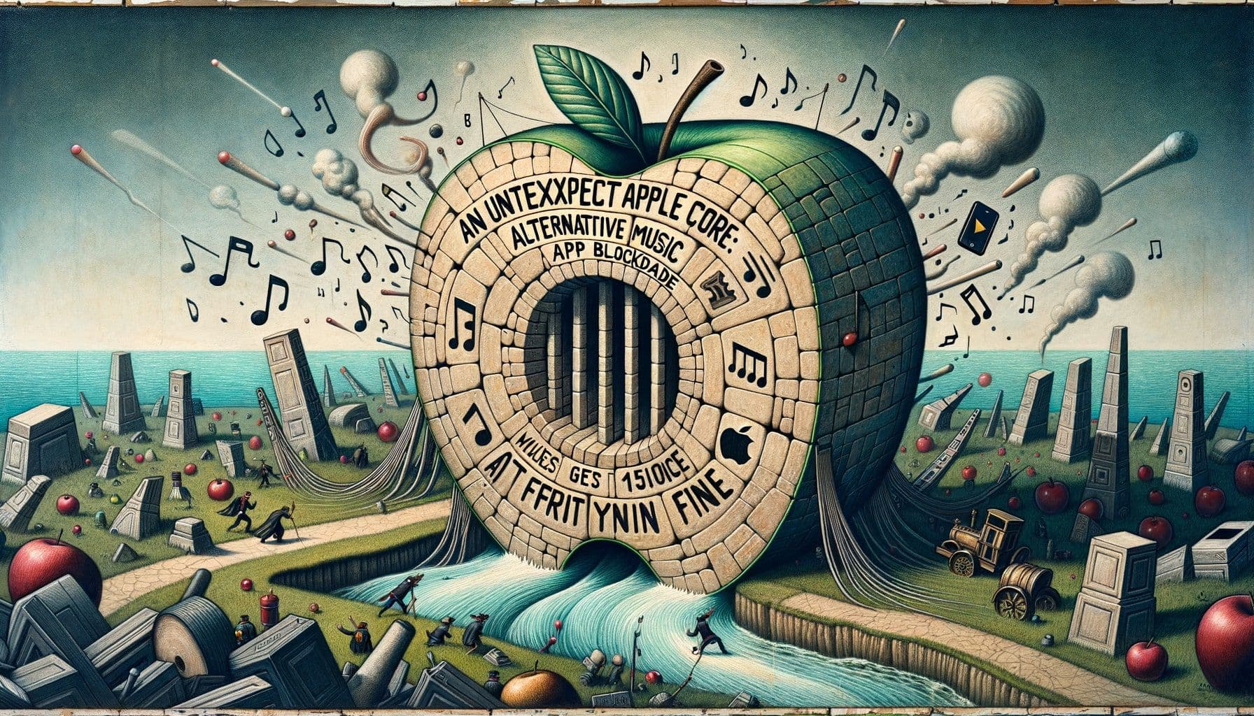 Create a 16:9 ratio digital artwork that depicts an interesting interpretation of the Alternative music scene. The scene should include whimsical elements such as a giant, engraved apple core that signifies a big obstacle or a block. Written in bold, artistic letters at the top should be the phrase 'An Unexpected Apple Core: Alternative Music App Blockade Gets Fruity Fine'. Include in the scene symbolic imagery of conflict, like musical notes and streaming symbols clashing against rigid structures, signifying Apple's struggles with rules in the music streaming world. The image should consist of 1792 pixels.