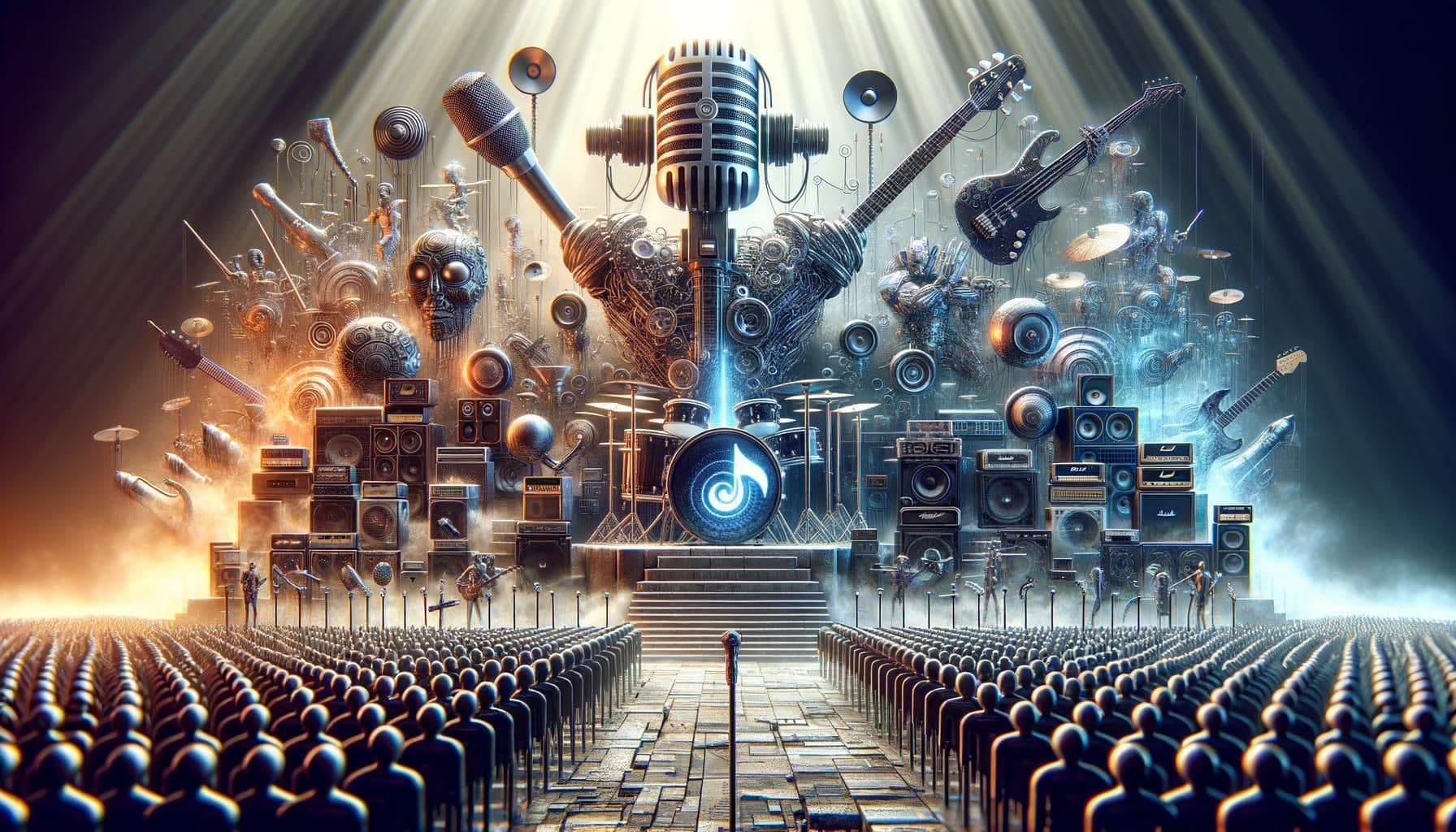 Imagine an image that represents an article titled 'Battle of the Bands AI Style Music Companies and Allies Sue Over Copyright'. The main theme is various major music labels standing firm against artificial intelligence companies regarding copyright infringement, symbolized through a landmark lawsuit. The focus should be on a battleground, embodying a clash between music (presented as different musical instruments) and artificial intelligence (depicted as futuristic machinery, wires, and circuits). Ensure the image is in a 16:9 aspect ratio, with a resolution of 1792 pixels.